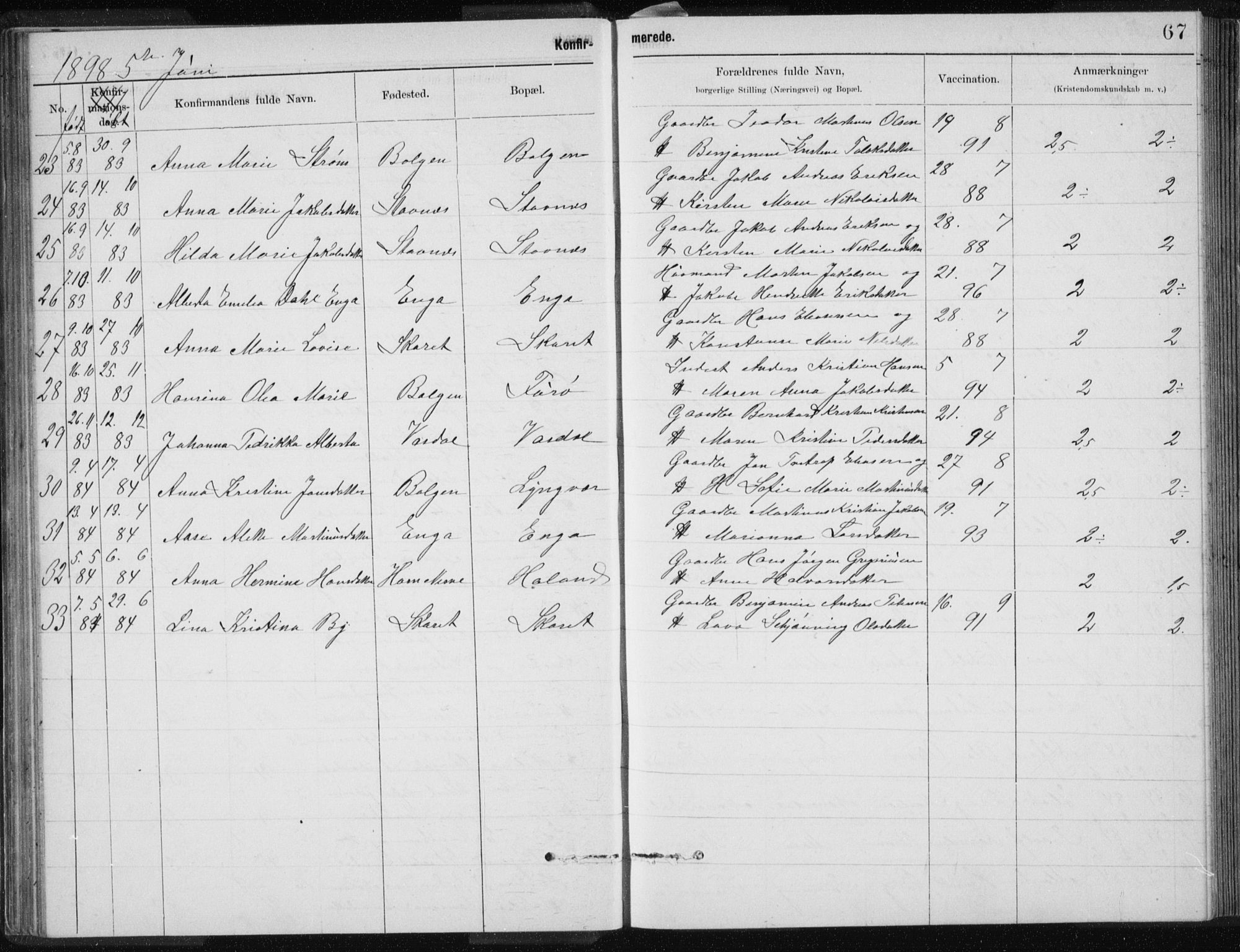 Ministerialprotokoller, klokkerbøker og fødselsregistre - Nordland, AV/SAT-A-1459/843/L0637: Parish register (copy) no. 843C06, 1884-1908, p. 67