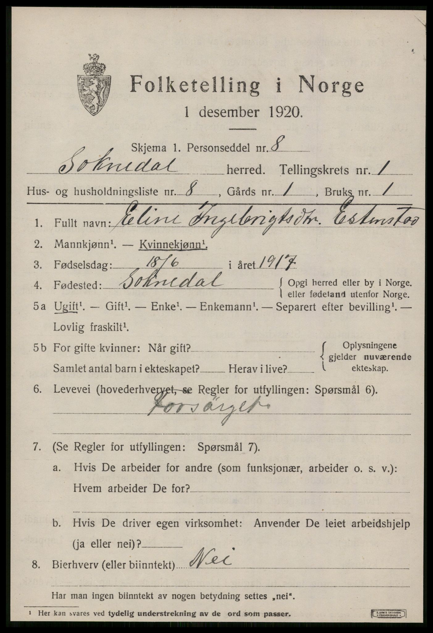 SAT, 1920 census for Soknedal, 1920, p. 852