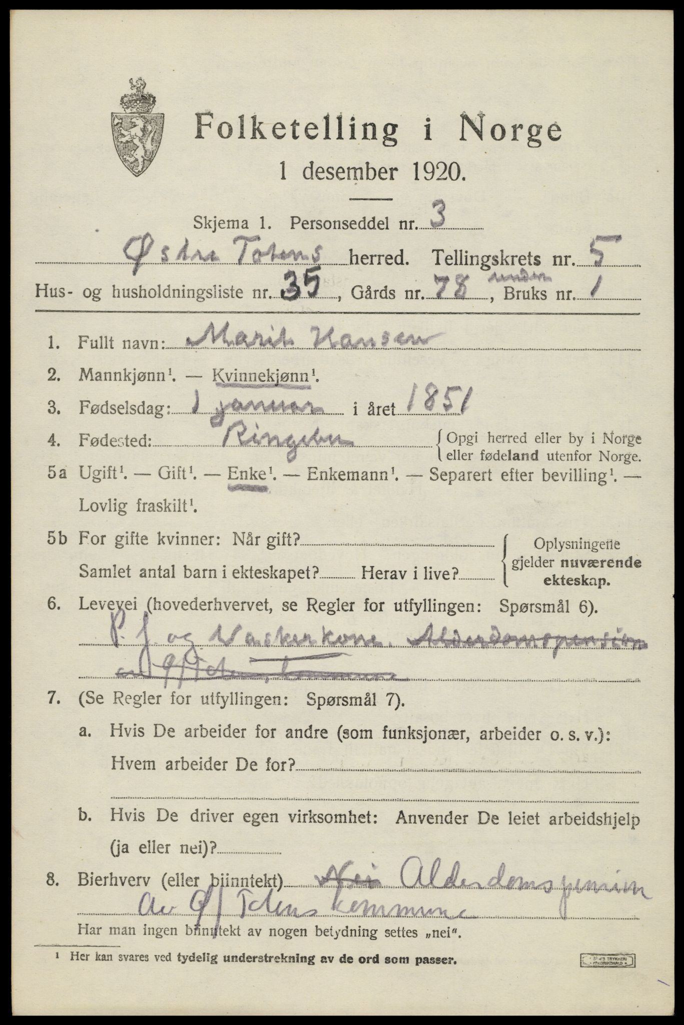 SAH, 1920 census for Østre Toten, 1920, p. 11284
