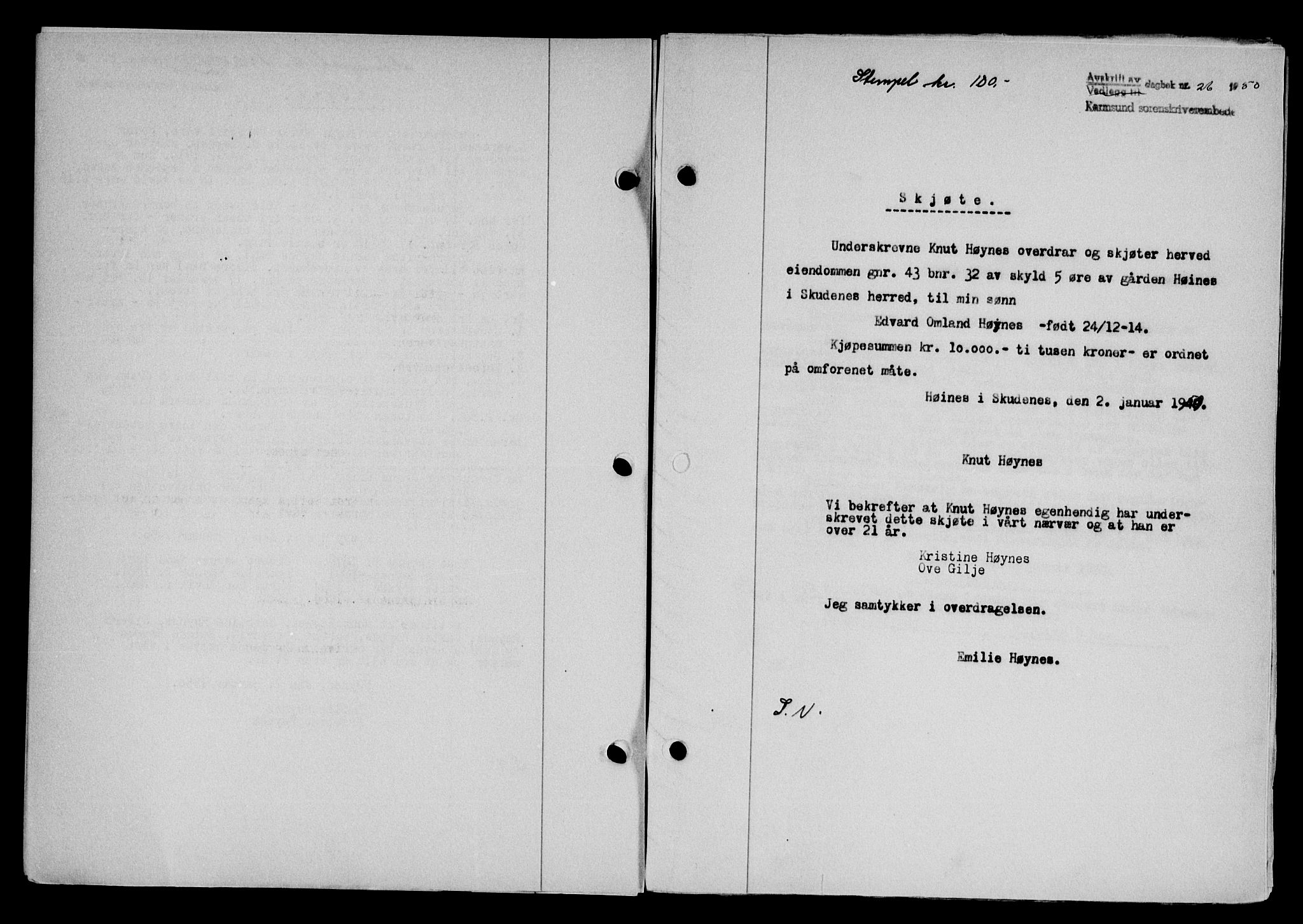 Karmsund sorenskriveri, SAST/A-100311/01/II/IIB/L0098: Mortgage book no. 78A, 1949-1950, Diary no: : 26/1950