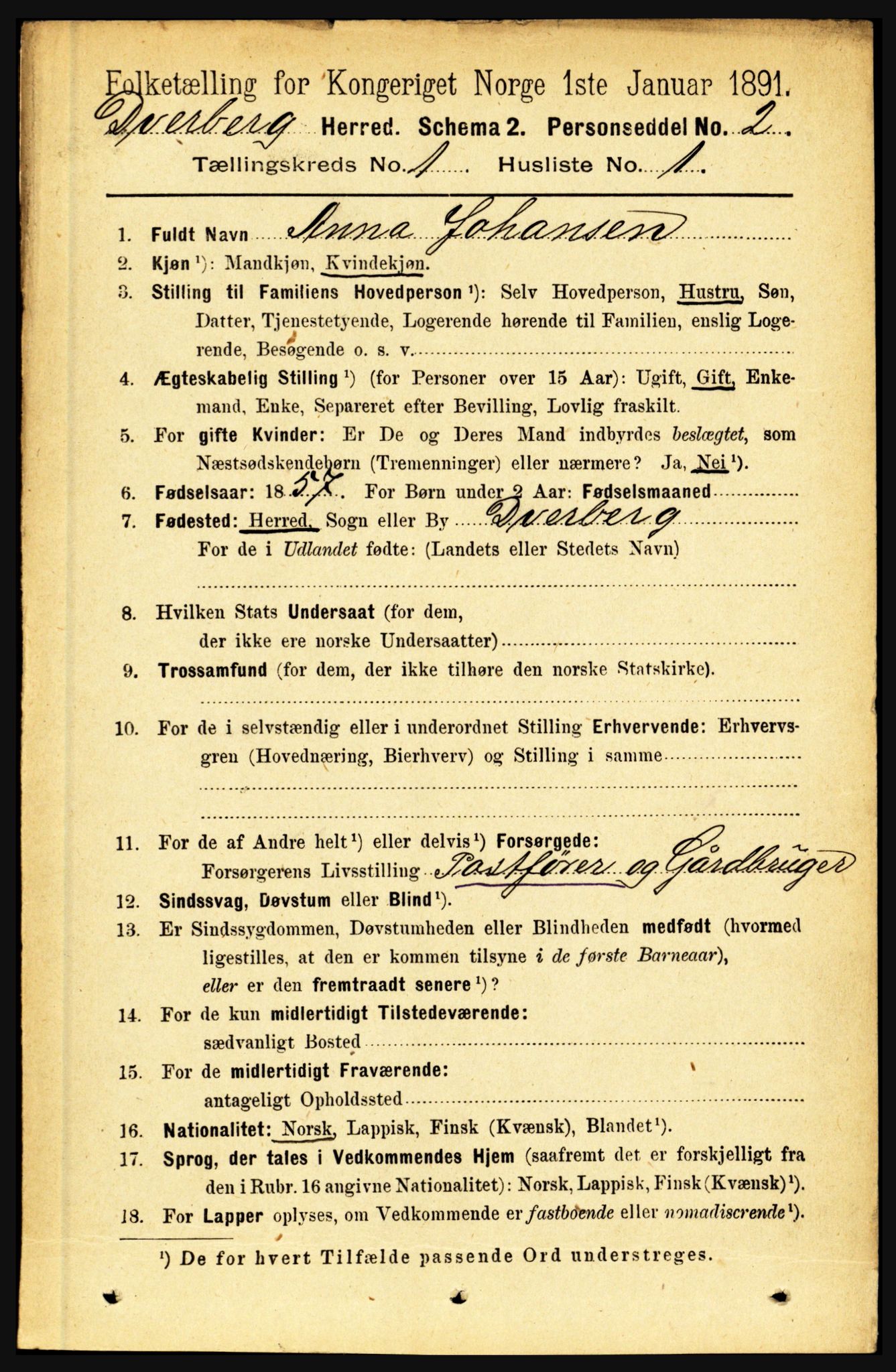 RA, 1891 census for 1872 Dverberg, 1891, p. 102