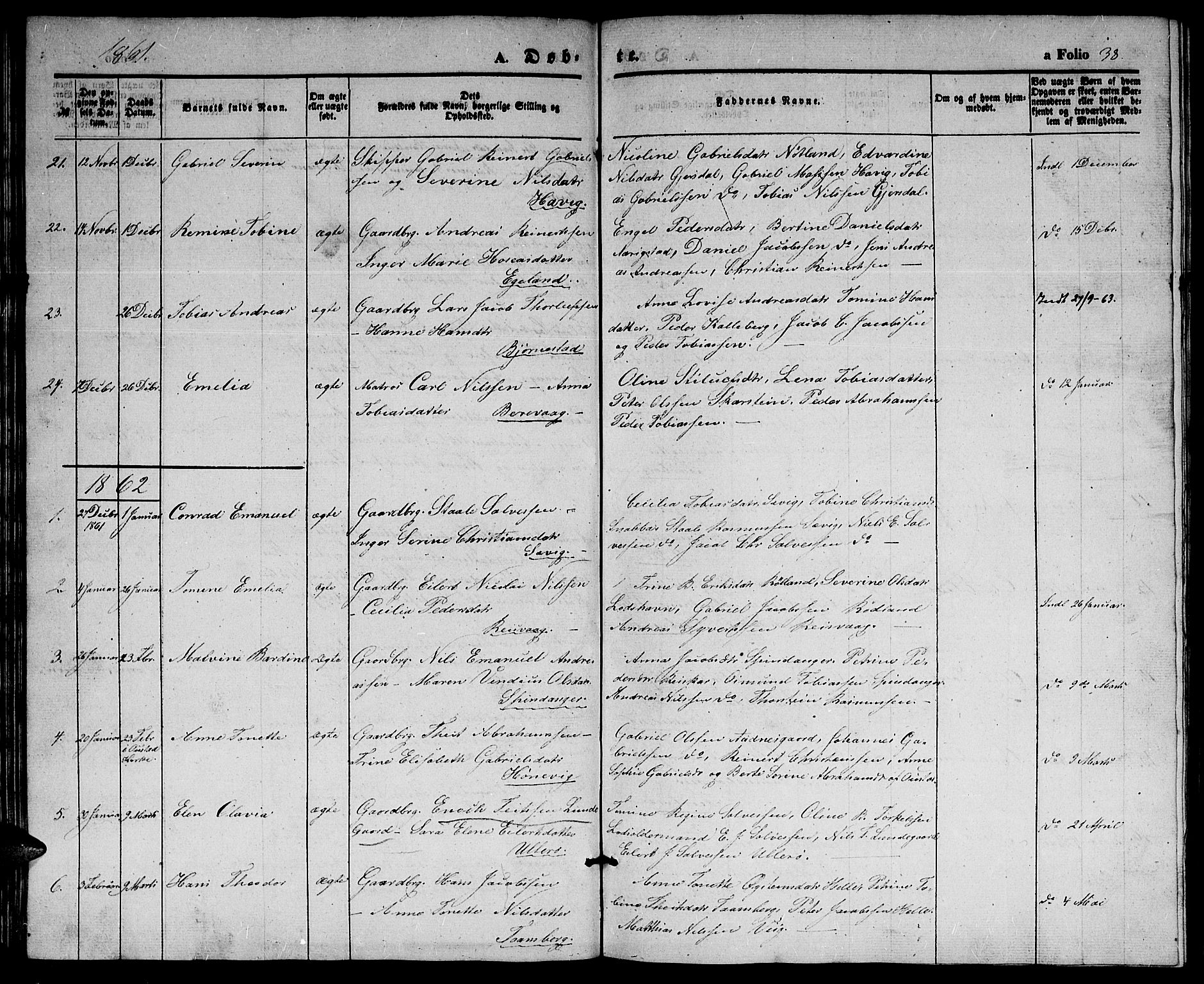 Herad sokneprestkontor, SAK/1111-0018/F/Fb/Fbb/L0002: Parish register (copy) no. B 2, 1853-1871, p. 38