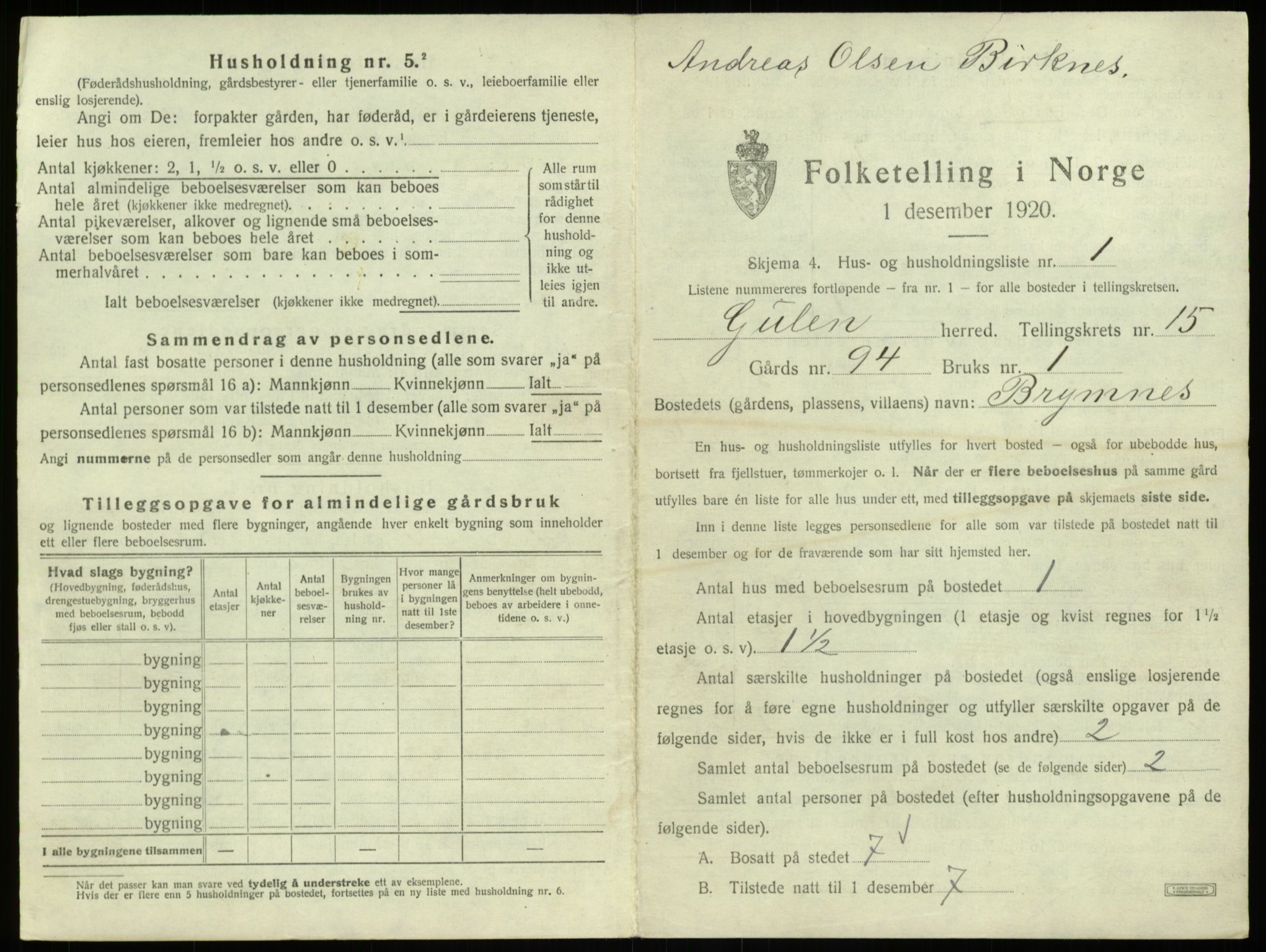 SAB, 1920 census for Gulen, 1920, p. 920