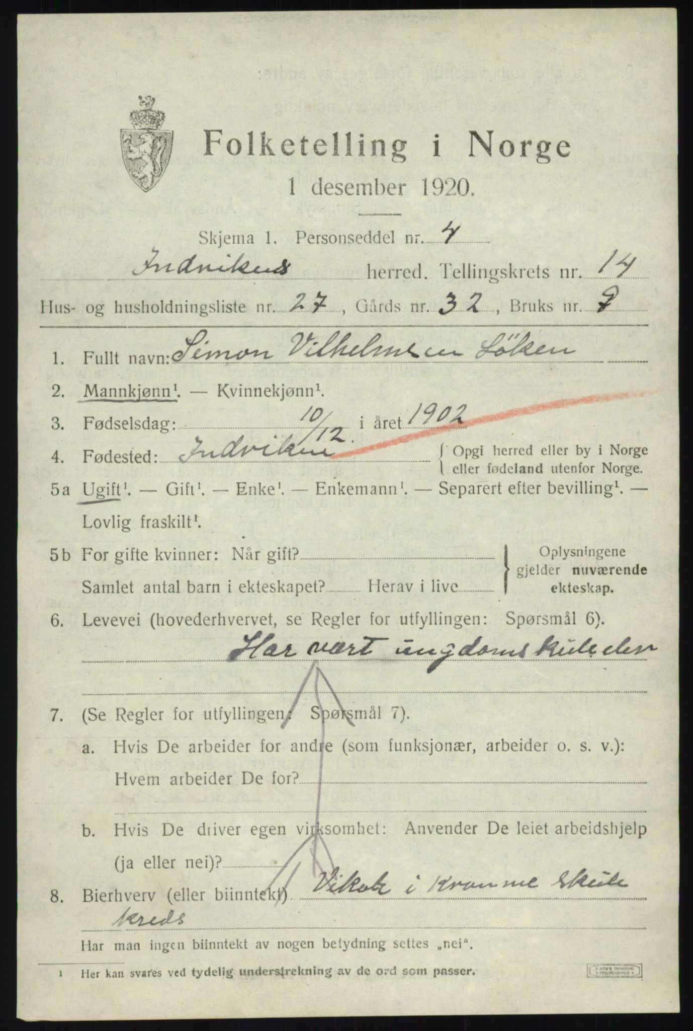 SAB, 1920 census for Innvik, 1920, p. 6105