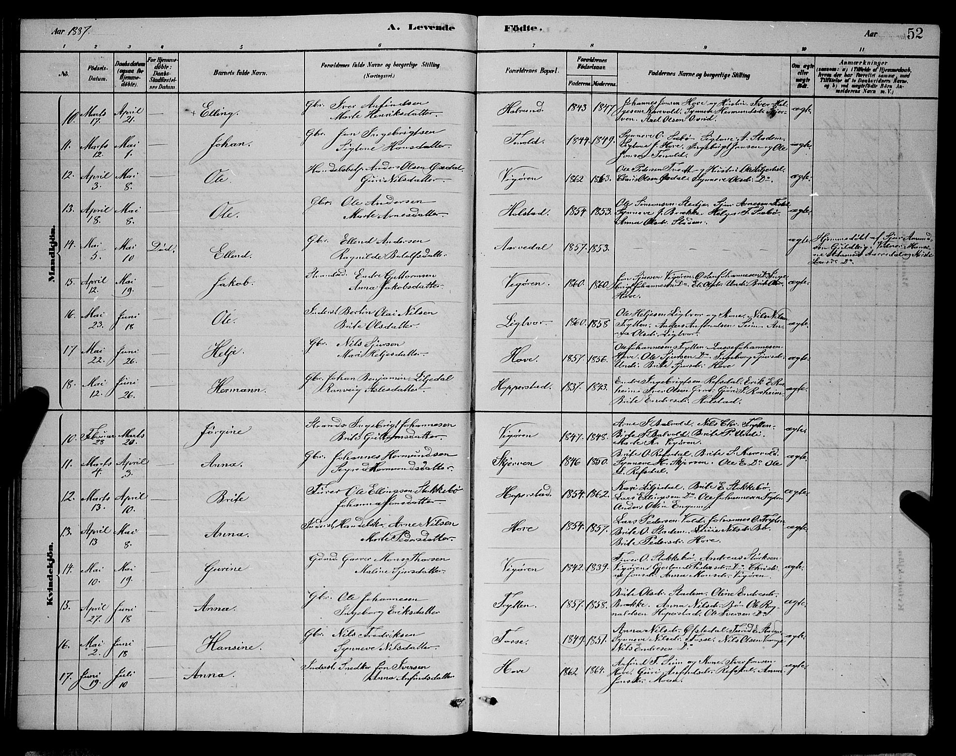 Vik sokneprestembete, AV/SAB-A-81501/H/Hab/Haba/L0003: Parish register (copy) no. A 3, 1878-1894, p. 52