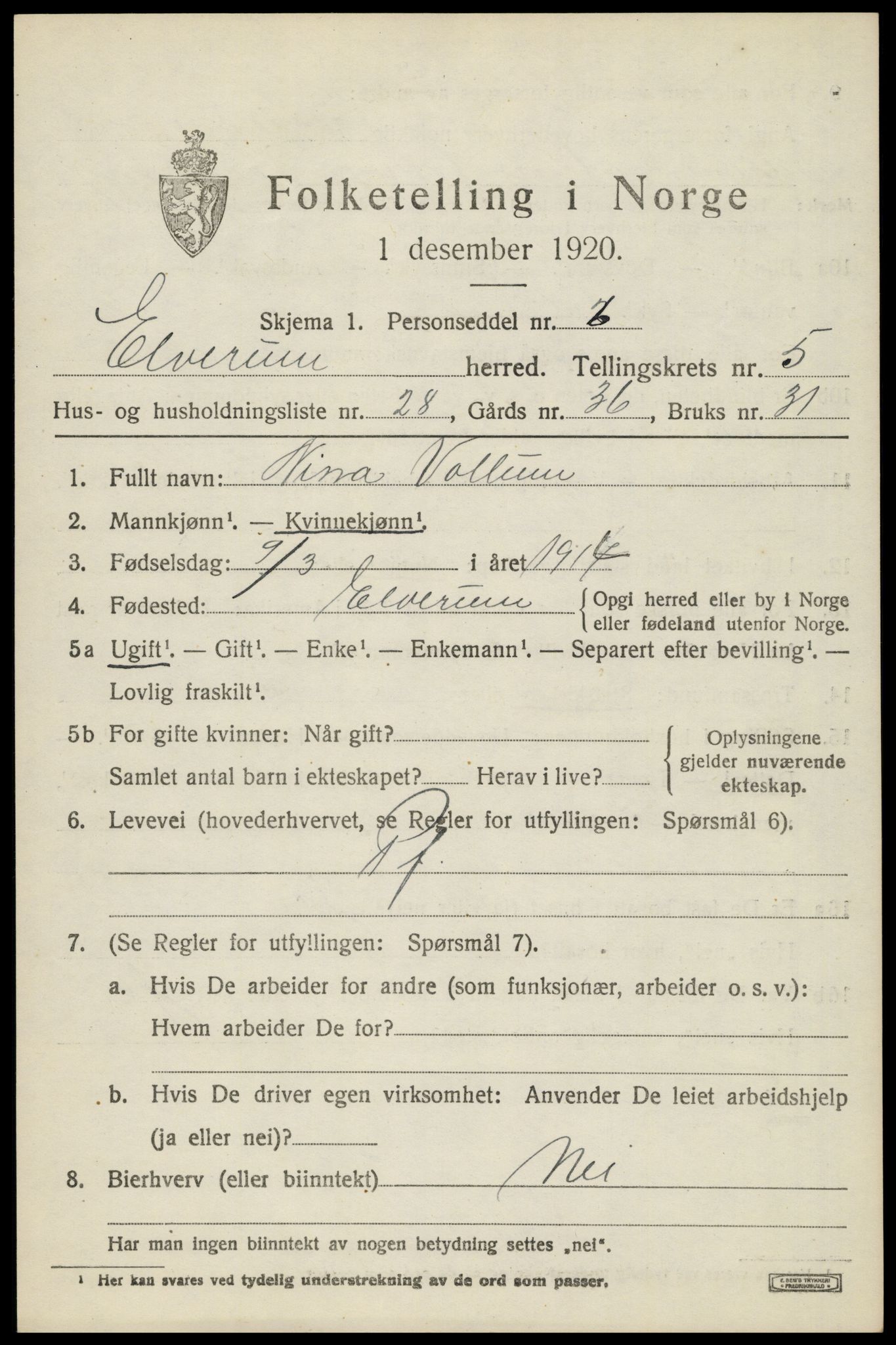 SAH, 1920 census for Elverum, 1920, p. 7820