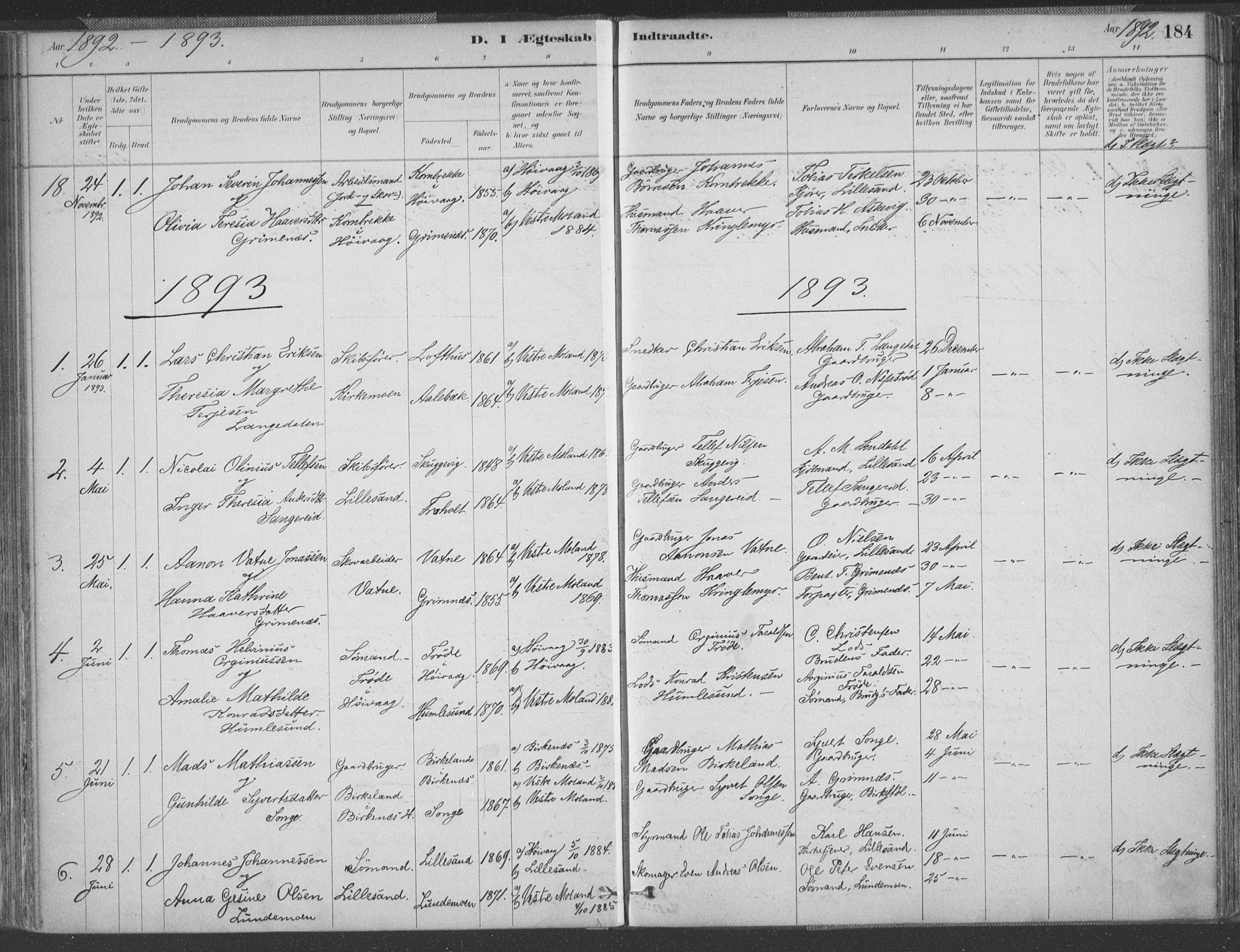 Vestre Moland sokneprestkontor, SAK/1111-0046/F/Fa/Fab/L0009: Parish register (official) no. A 9, 1884-1899, p. 184