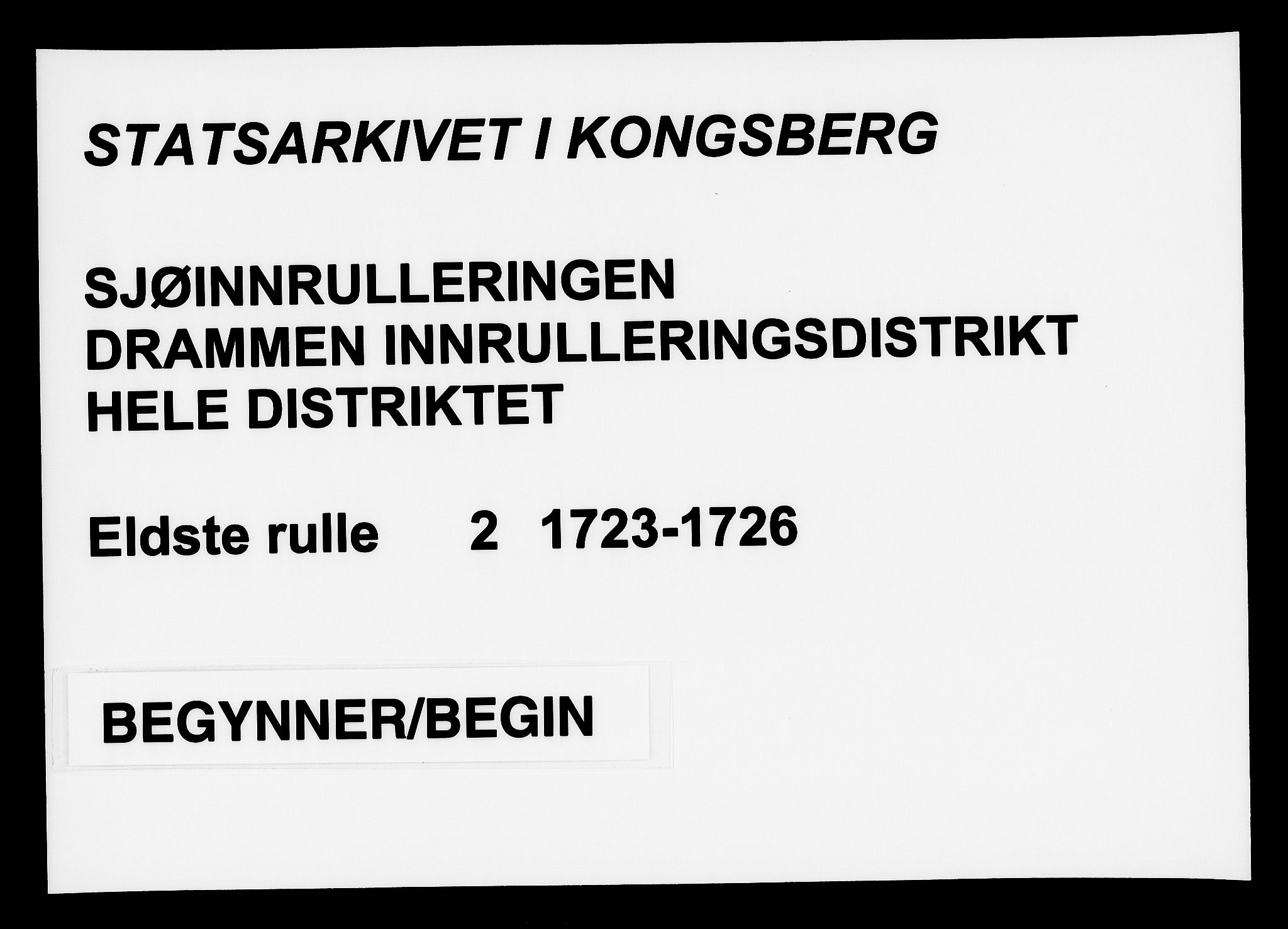 Drammen innrulleringsdistrikt, AV/SAKO-A-781/F/Fa/L0002: Hovedrulle over sjøfolk i Bragernes distrikt som har blitt innrullert, 1723-1726, p. 1