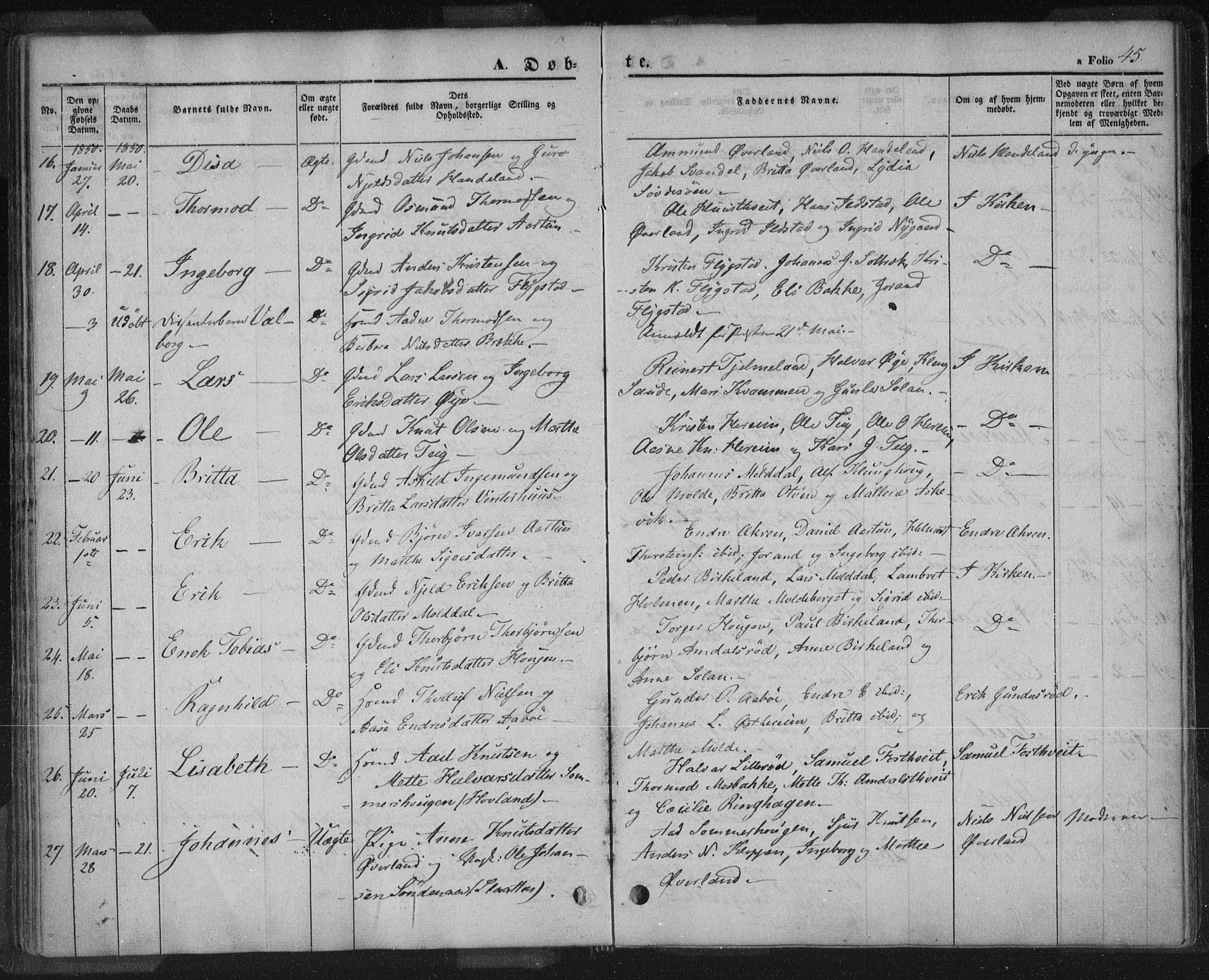 Sand sokneprestkontor, AV/SAST-A-101848/01/III/L0002: Parish register (official) no. A 2, 1838-1859, p. 45