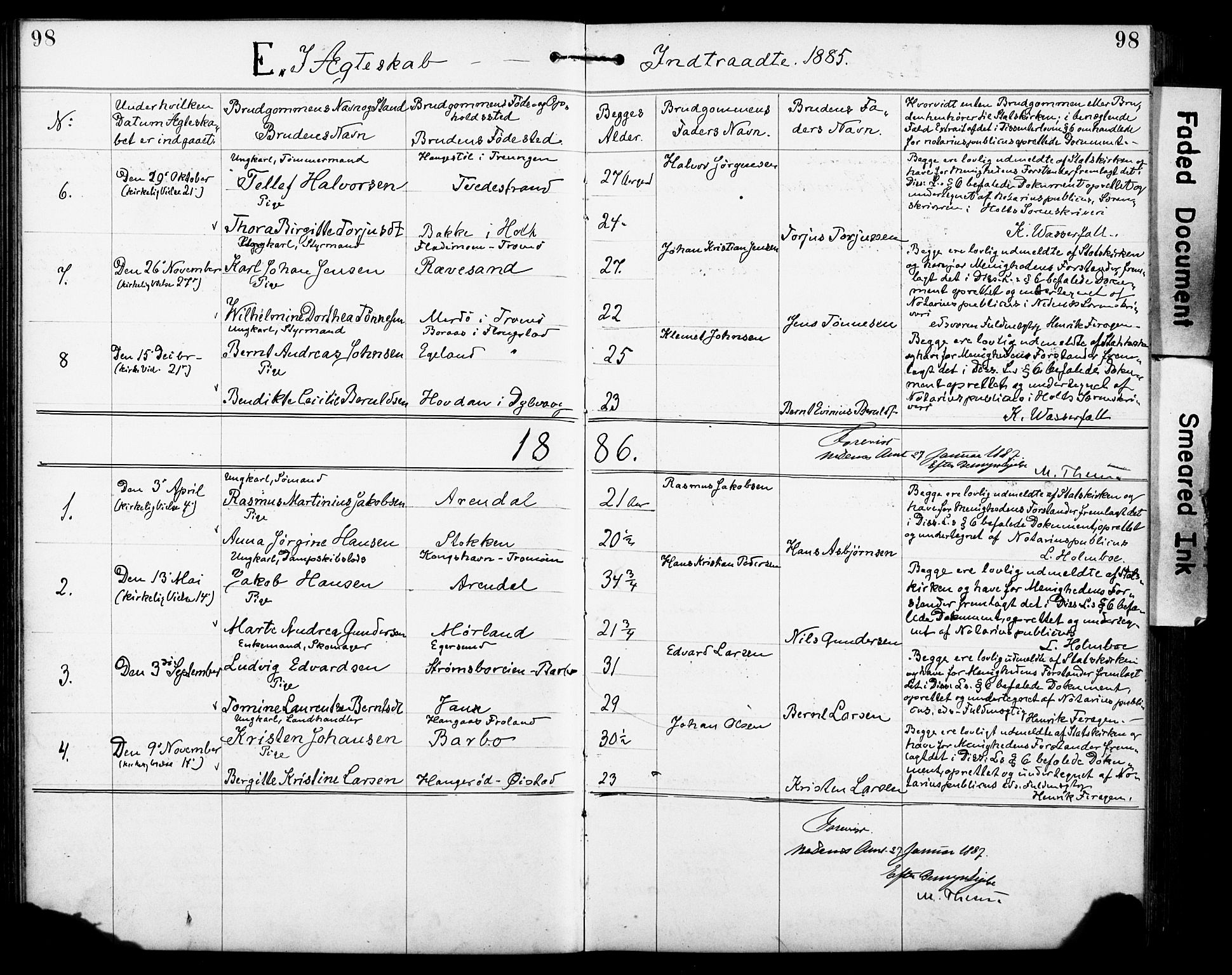 Den evangelisk-lutherske frimenighet, Arendal, AV/SAK-1292-0005/F/Fa/L0002: Dissenter register no. F 6, 1884-1908, p. 98