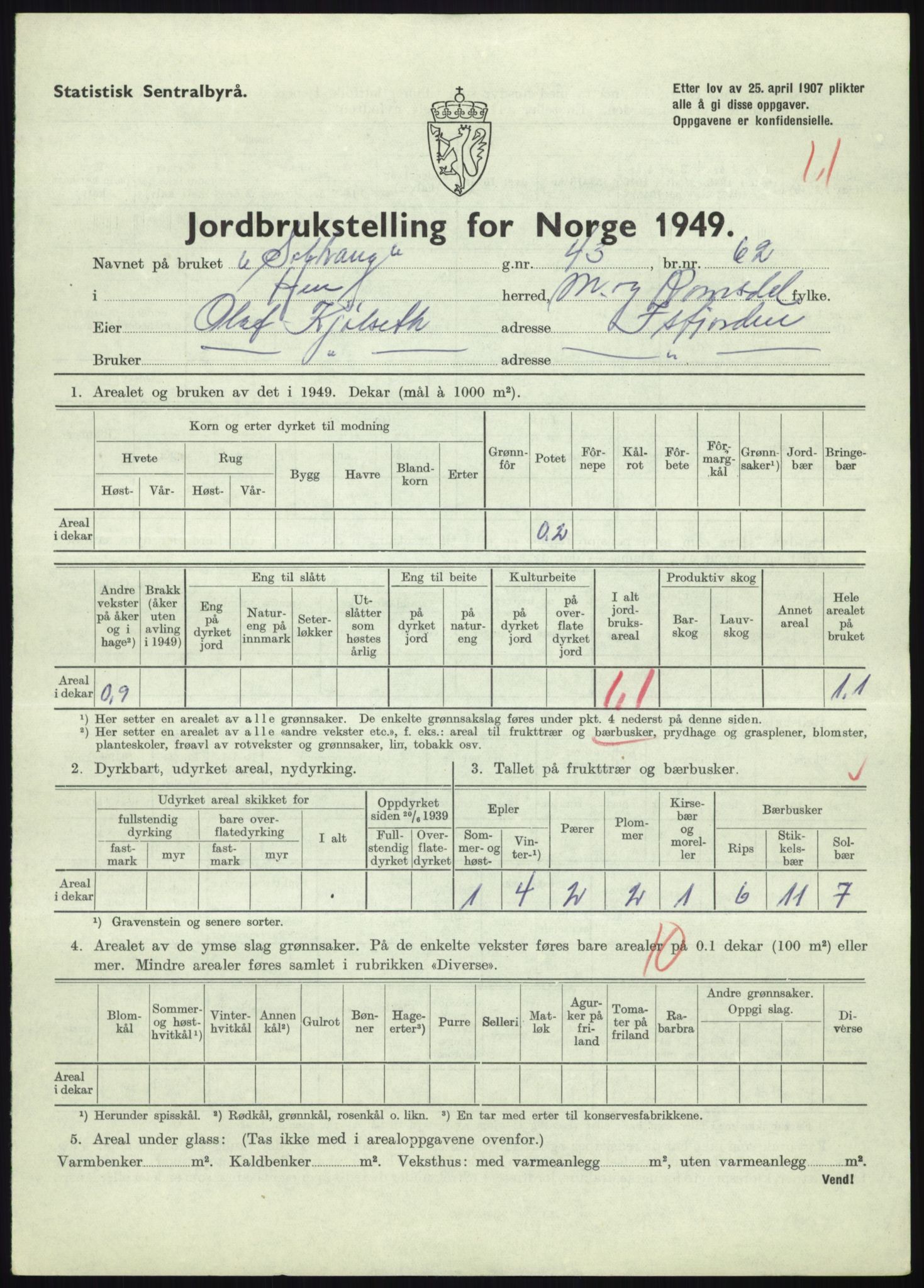 Statistisk sentralbyrå, Næringsøkonomiske emner, Jordbruk, skogbruk, jakt, fiske og fangst, AV/RA-S-2234/G/Gc/L0323: Møre og Romsdal: Grytten og Hen, 1949, p. 399