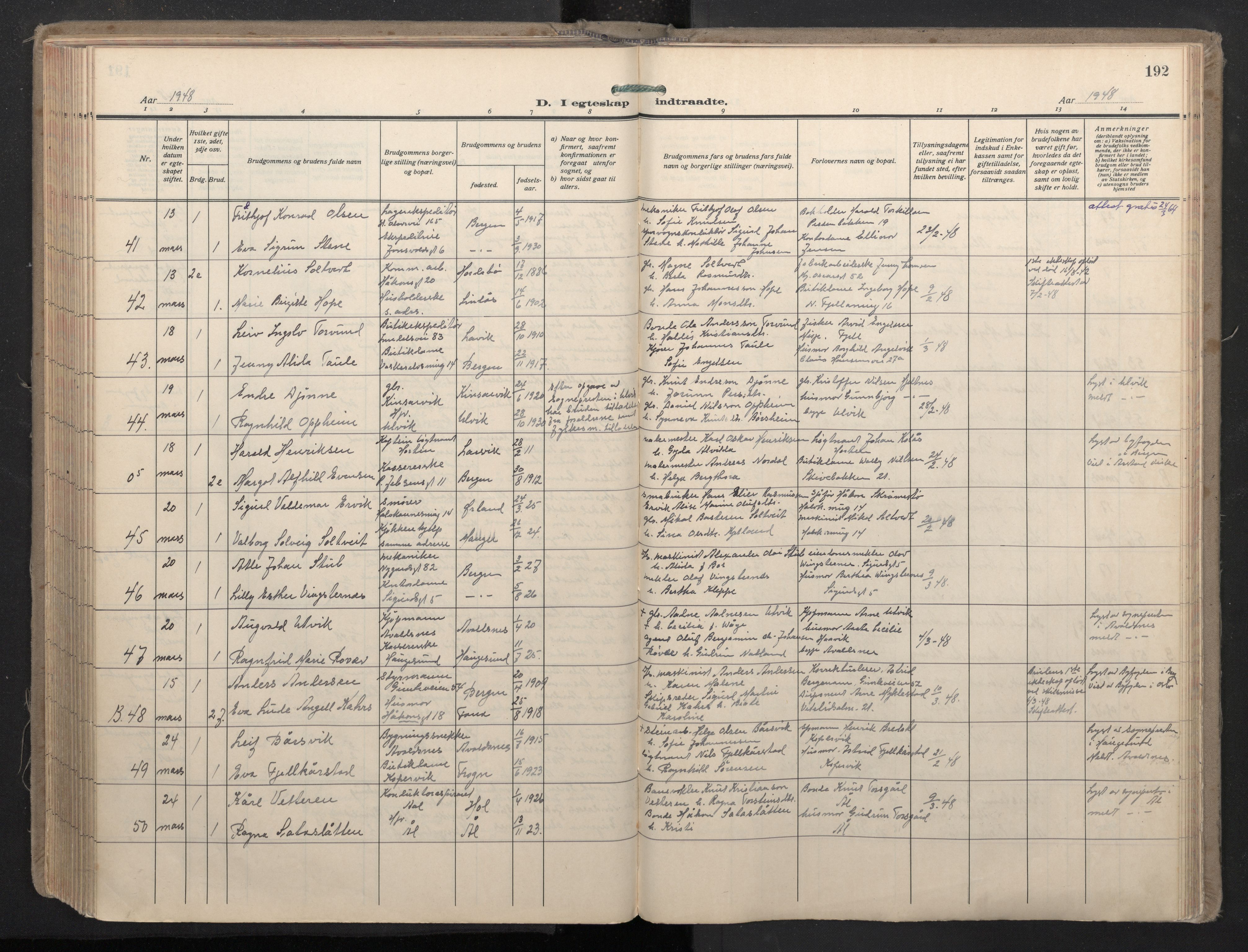Domkirken sokneprestembete, SAB/A-74801/H/Haa: Parish register (official) no. D 7, 1937-1950, p. 191b-192a