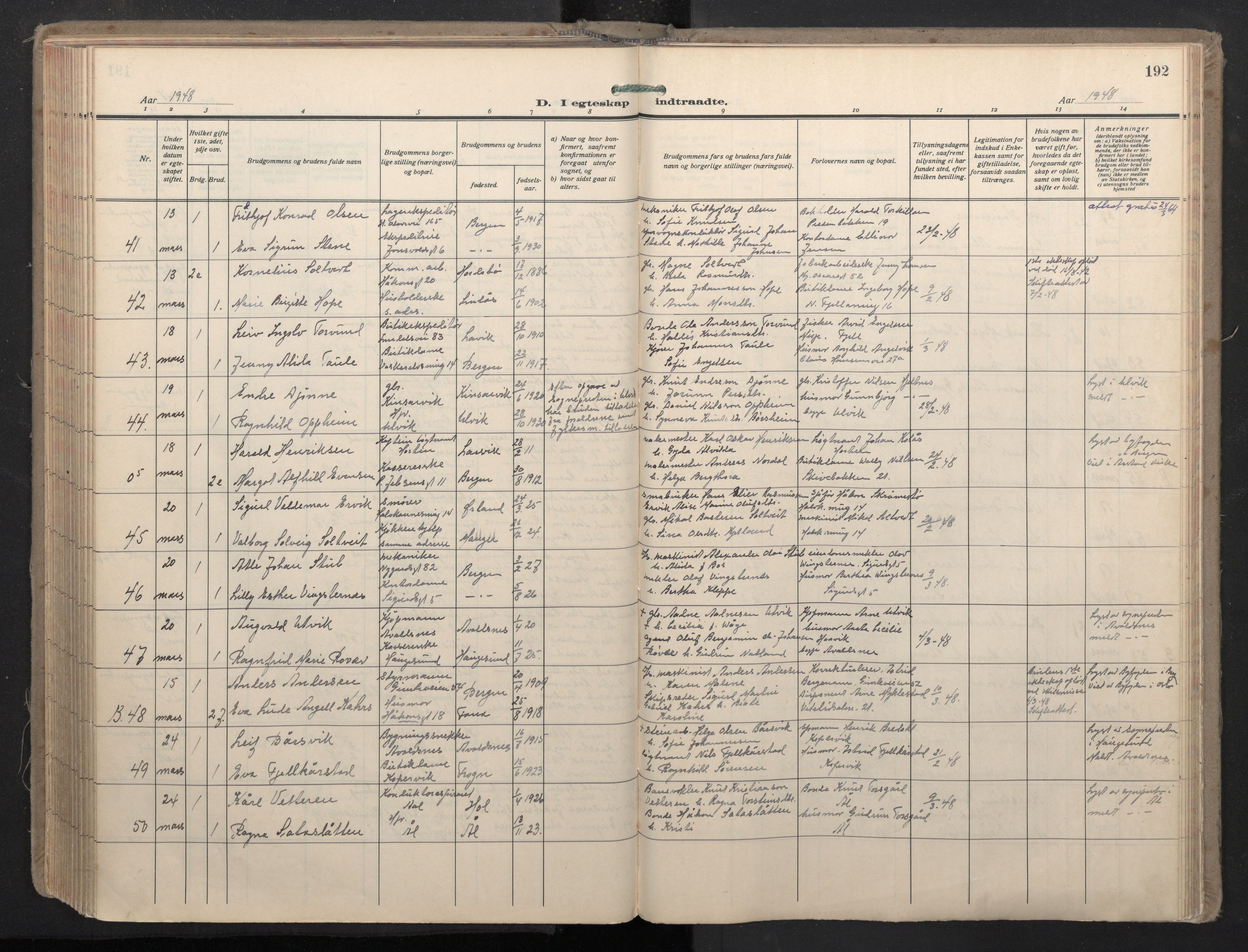 Domkirken sokneprestembete, AV/SAB-A-74801/H/Haa: Parish register (official) no. D 7, 1937-1950, p. 191b-192a