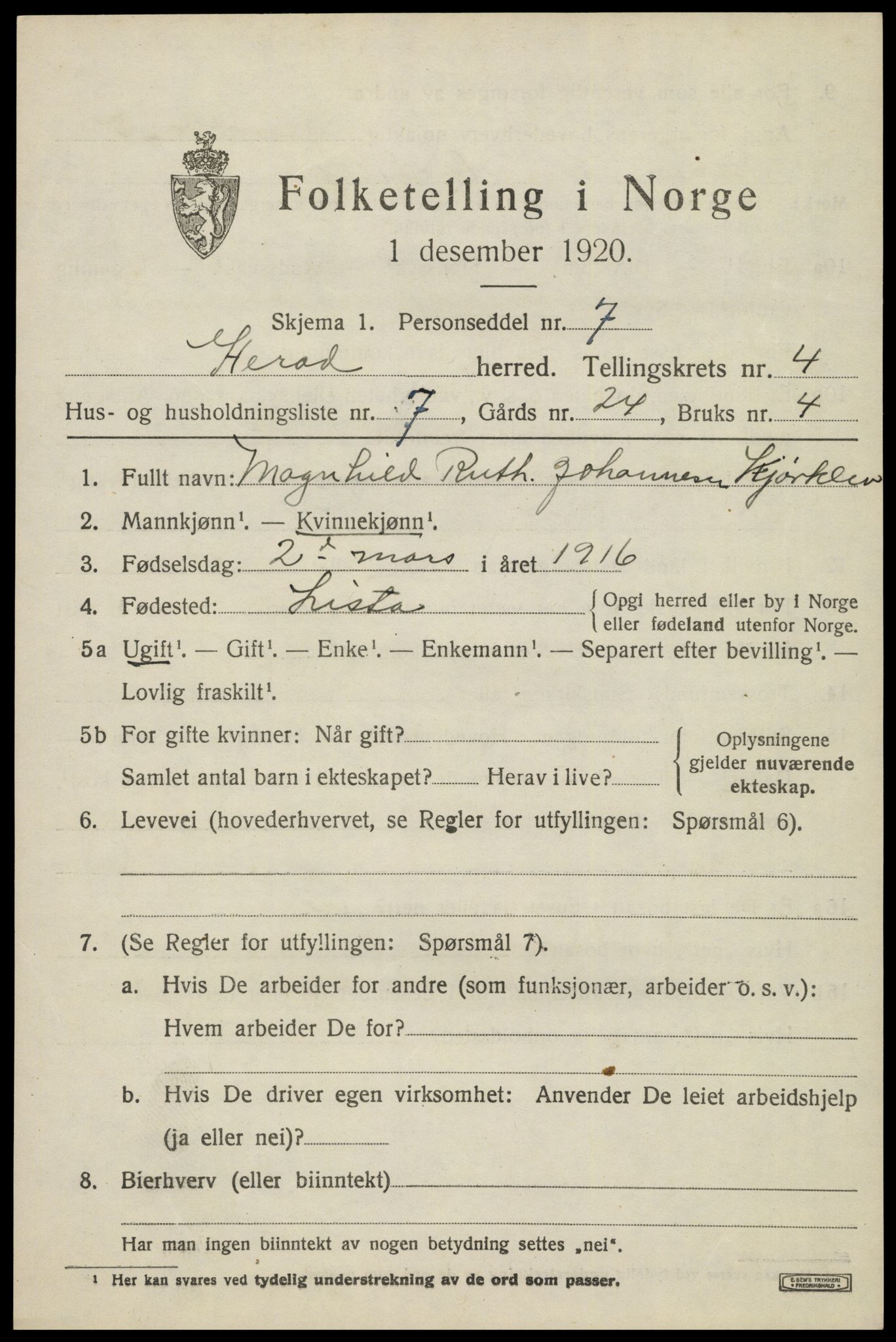 SAK, 1920 census for Herad, 1920, p. 1800