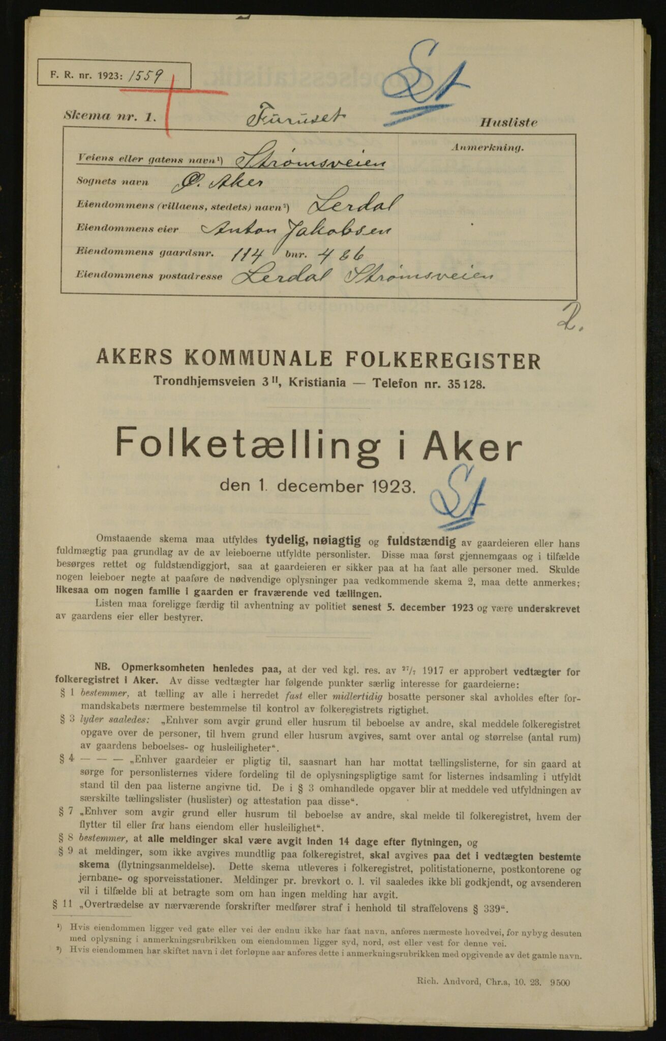 , Municipal Census 1923 for Aker, 1923, p. 32333