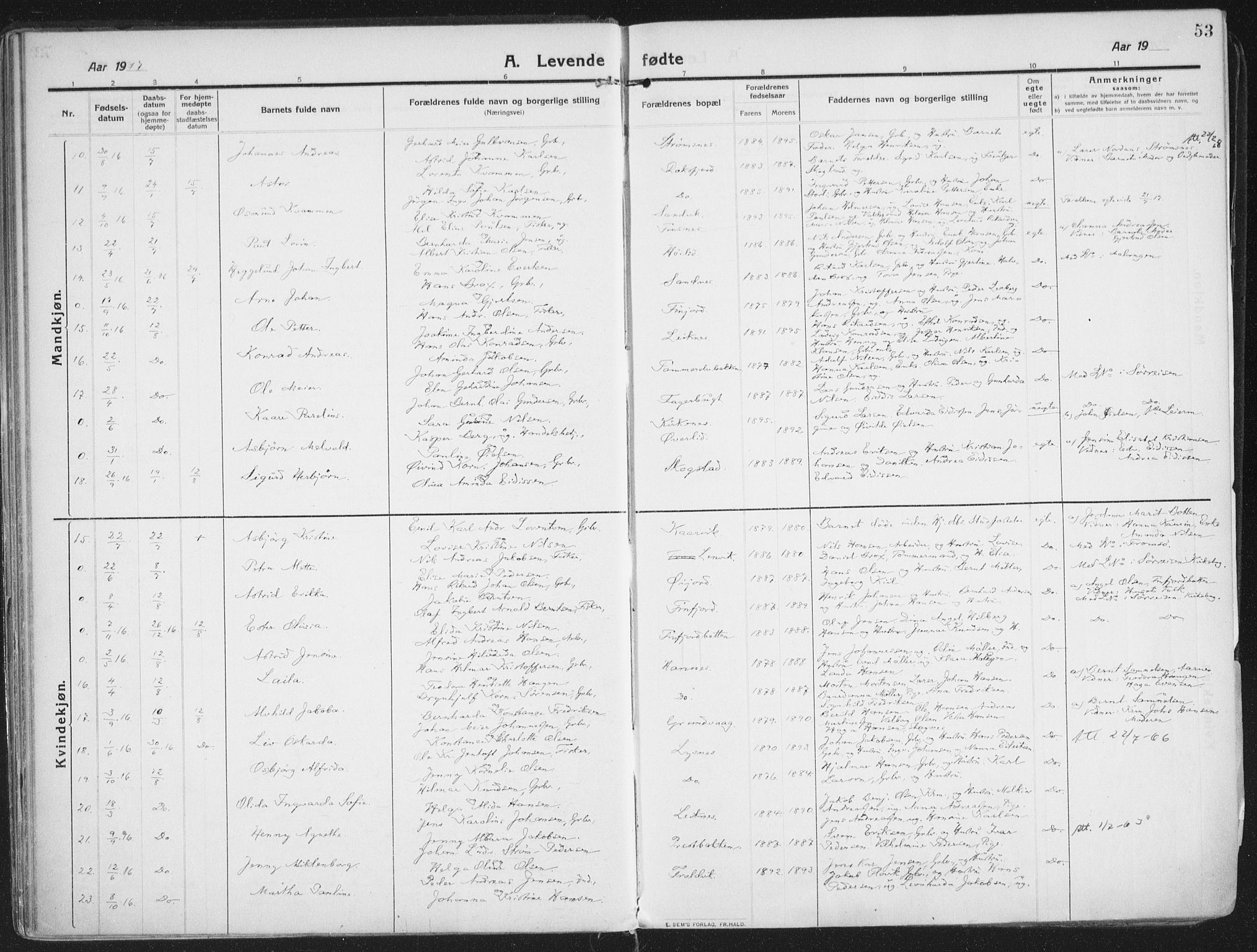 Lenvik sokneprestembete, SATØ/S-1310/H/Ha/Haa/L0016kirke: Parish register (official) no. 16, 1910-1924, p. 53