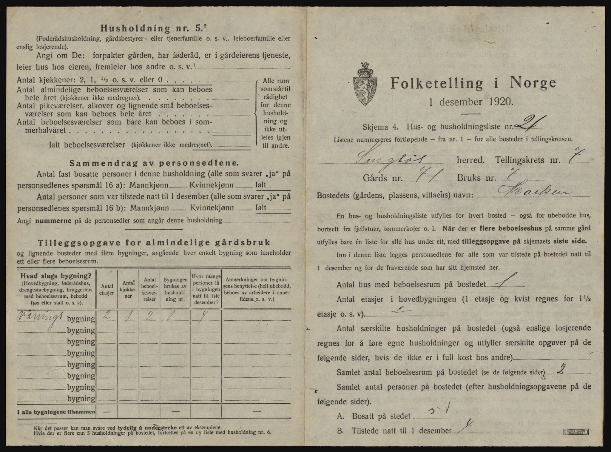 SAT, 1920 census for Singsås, 1920, p. 629