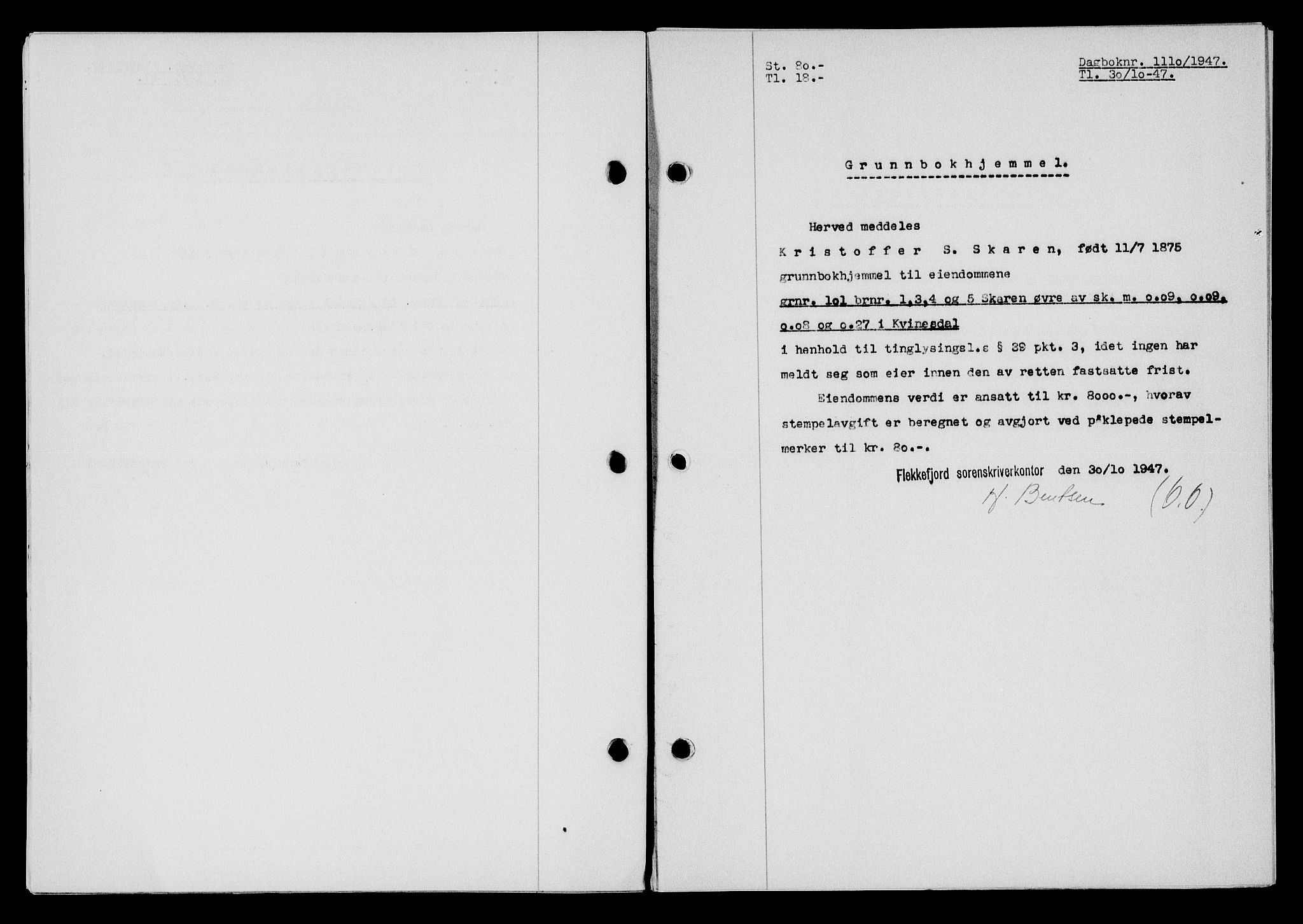 Flekkefjord sorenskriveri, SAK/1221-0001/G/Gb/Gba/L0063: Mortgage book no. A-11, 1947-1948, Diary no: : 1110/1947