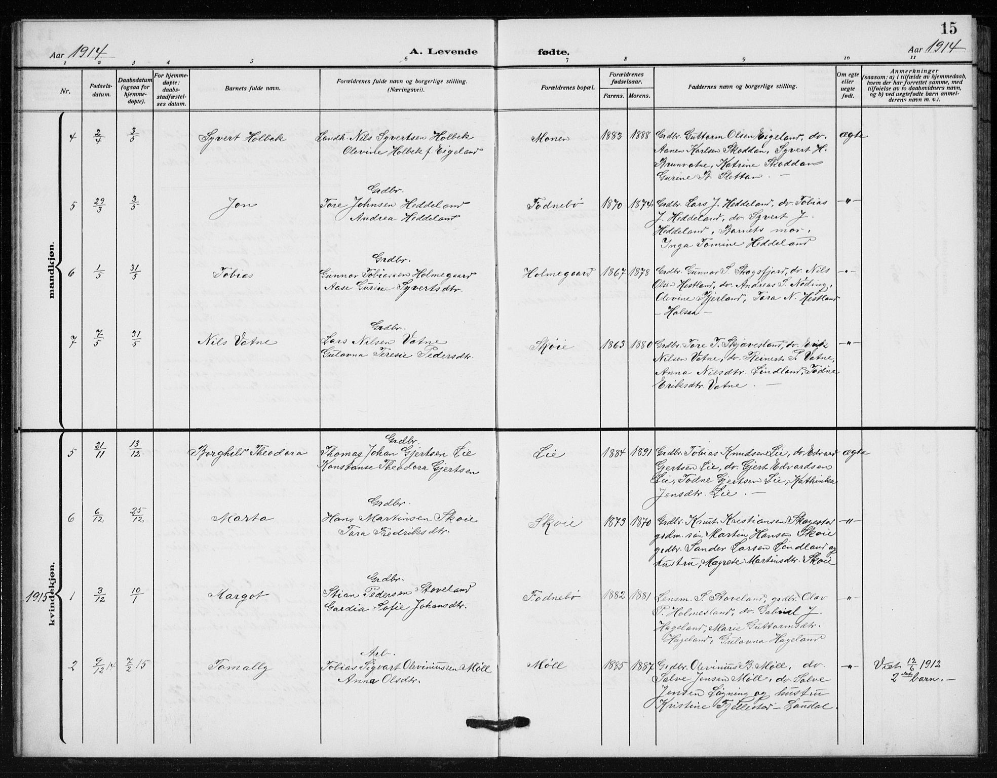 Holum sokneprestkontor, SAK/1111-0022/F/Fb/Fba/L0006: Parish register (copy) no. B 6, 1910-1936, p. 15