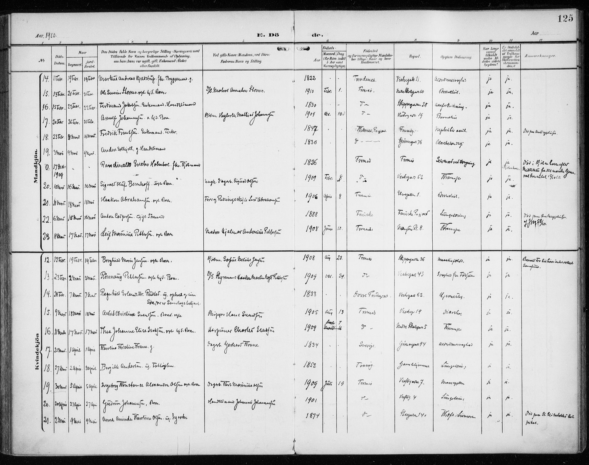 Tromsø sokneprestkontor/stiftsprosti/domprosti, AV/SATØ-S-1343/G/Ga/L0018kirke: Parish register (official) no. 18, 1907-1917, p. 125