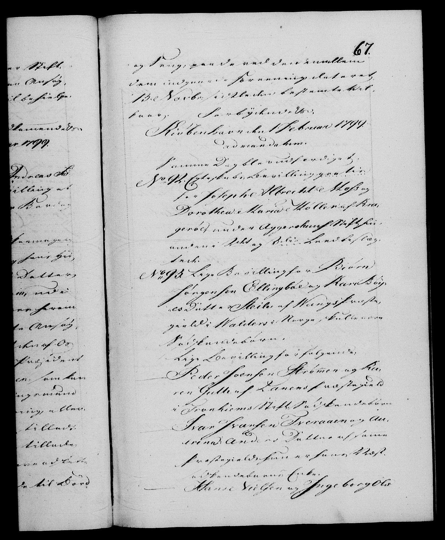 Danske Kanselli 1572-1799, AV/RA-EA-3023/F/Fc/Fca/Fcaa/L0059: Norske registre, 1799, p. 67a