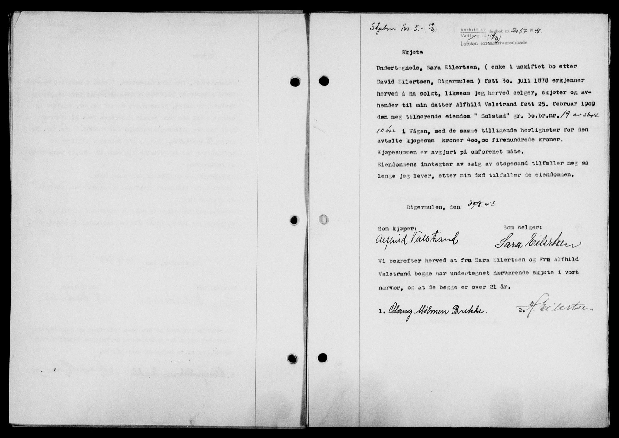 Lofoten sorenskriveri, SAT/A-0017/1/2/2C/L0019a: Mortgage book no. 19a, 1948-1948, Diary no: : 2057/1948