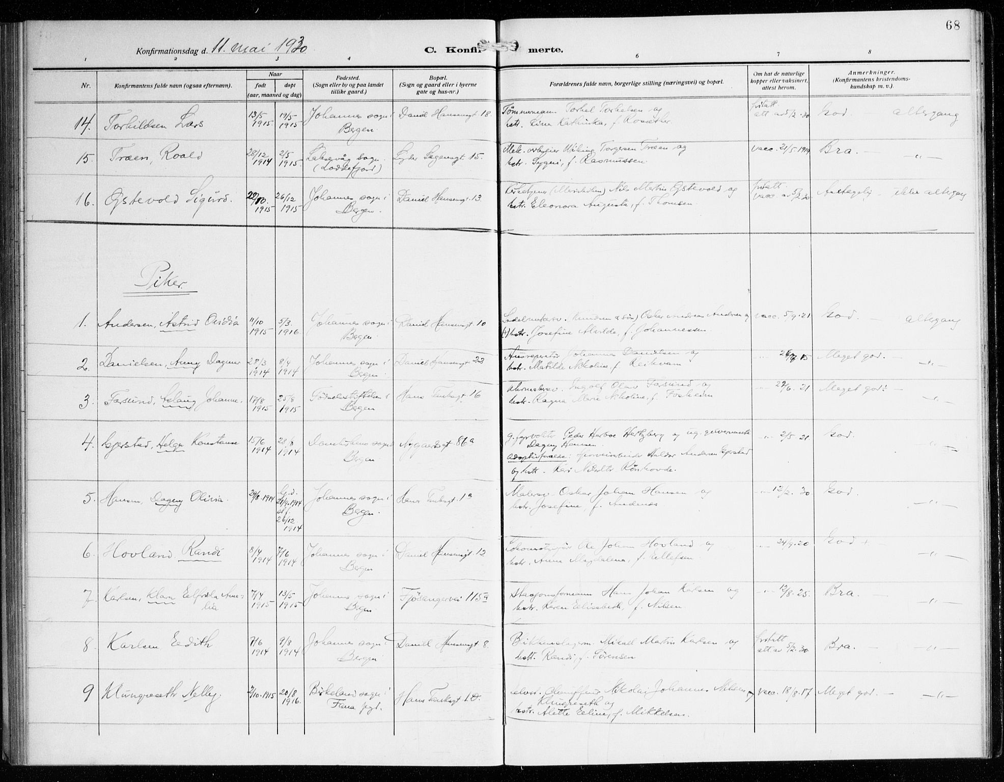 St. Jacob sokneprestembete, AV/SAB-A-78001/H/Haa/L0003: Parish register (official) no. B 1, 1917-1942, p. 68