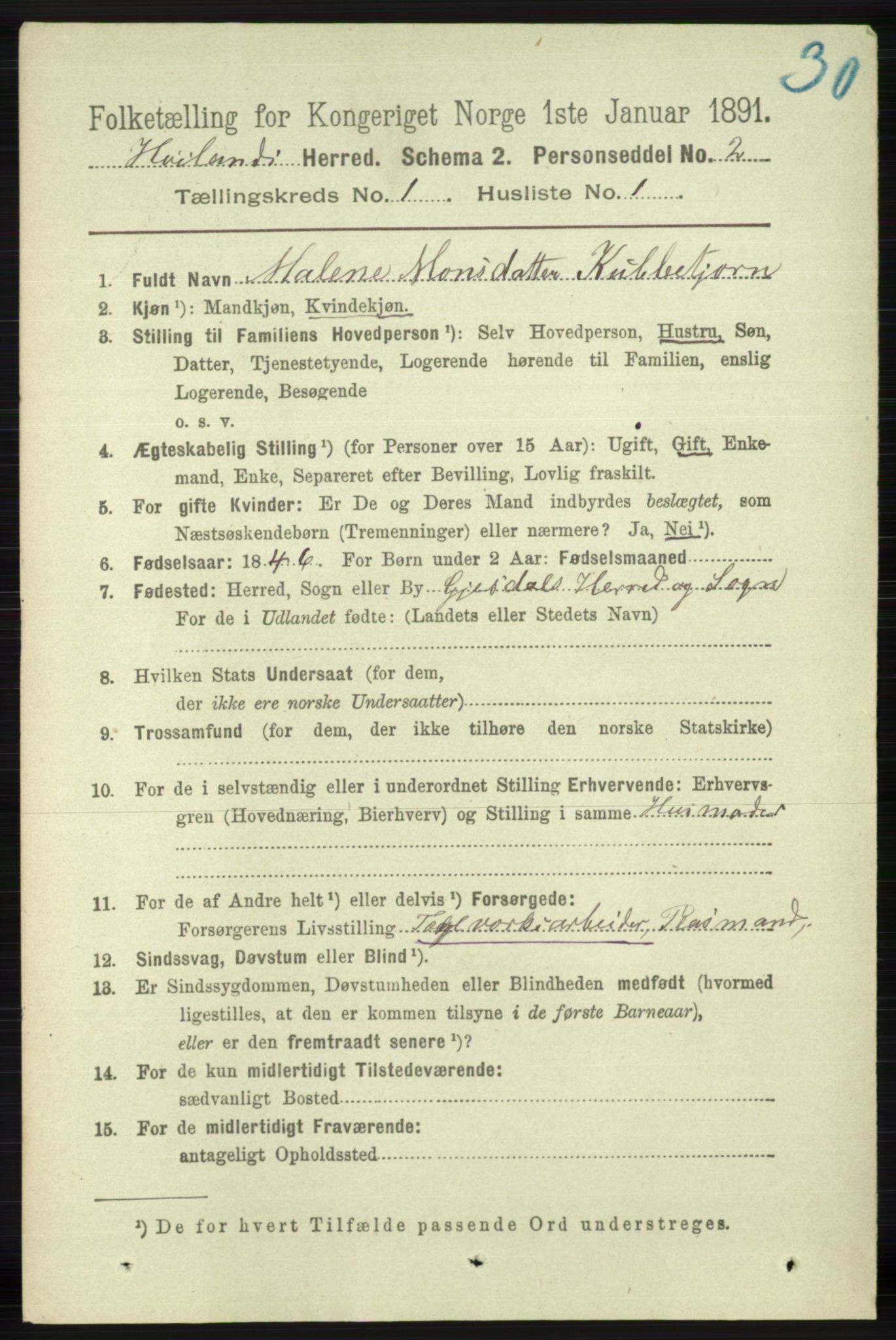 RA, 1891 census for 1123 Høyland, 1891, p. 65