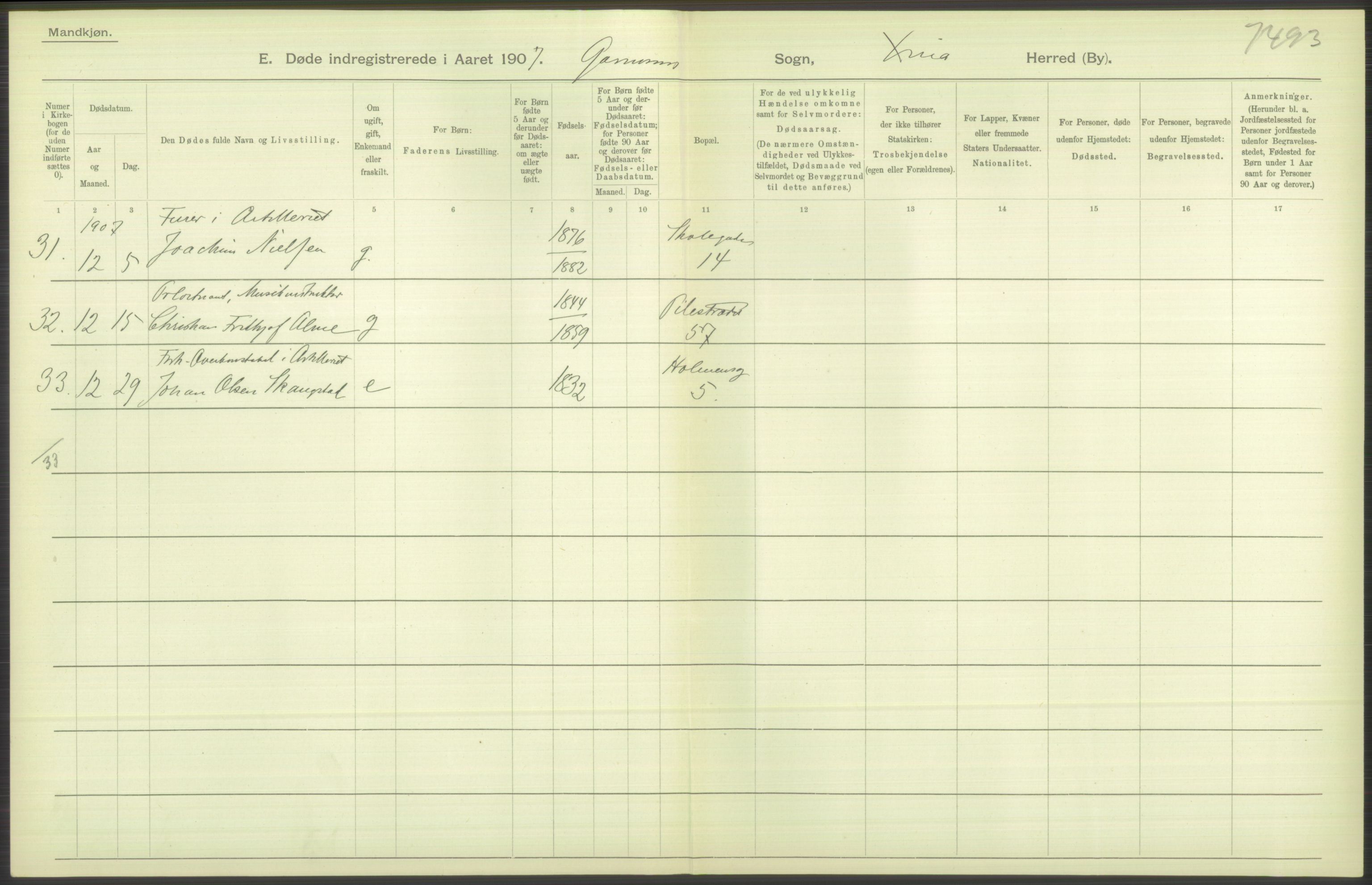 Statistisk sentralbyrå, Sosiodemografiske emner, Befolkning, RA/S-2228/D/Df/Dfa/Dfae/L0009: Kristiania: Døde, 1907, p. 126