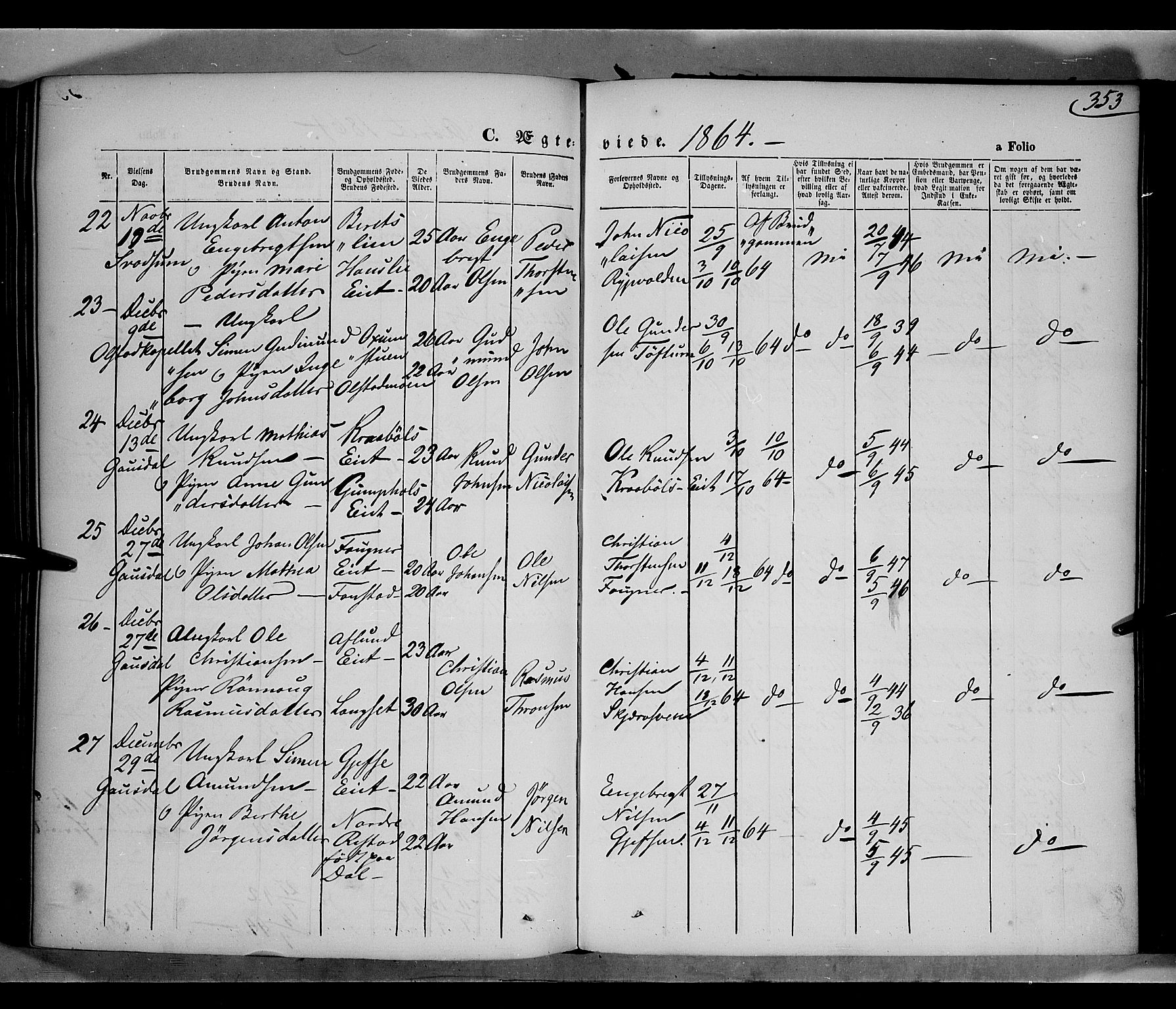 Gausdal prestekontor, SAH/PREST-090/H/Ha/Haa/L0009: Parish register (official) no. 9, 1862-1873, p. 353