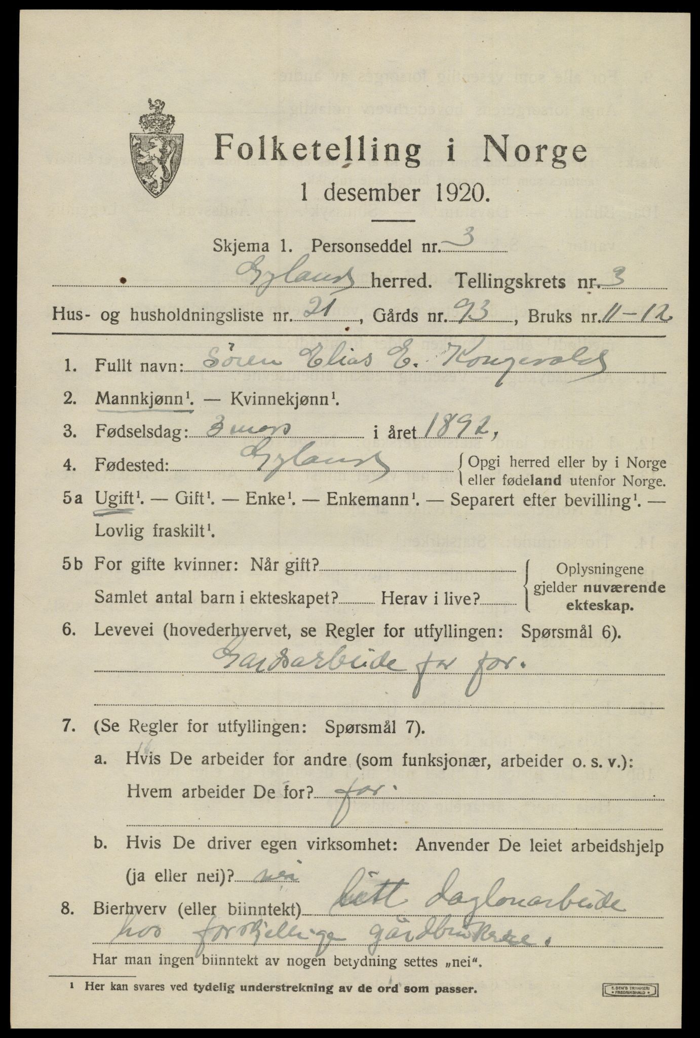 SAK, 1920 census for Gyland, 1920, p. 1006