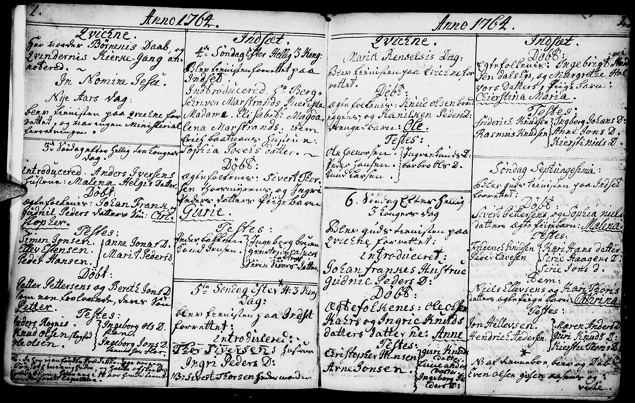 Kvikne prestekontor, SAH/PREST-064/H/Ha/Haa/L0002: Parish register (official) no. 2, 1764-1784, p. 1-2