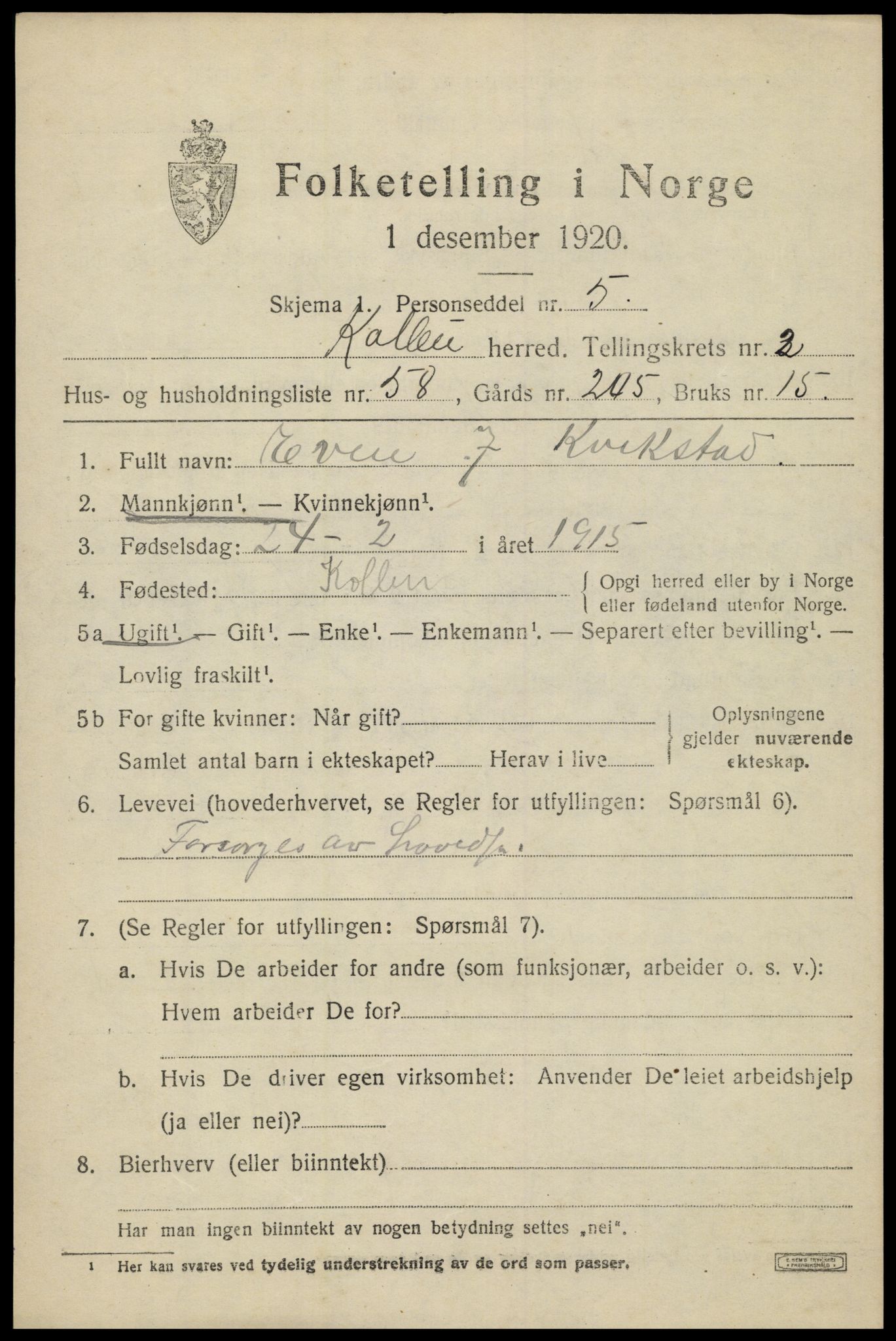 SAH, 1920 census for Kolbu, 1920, p. 2444