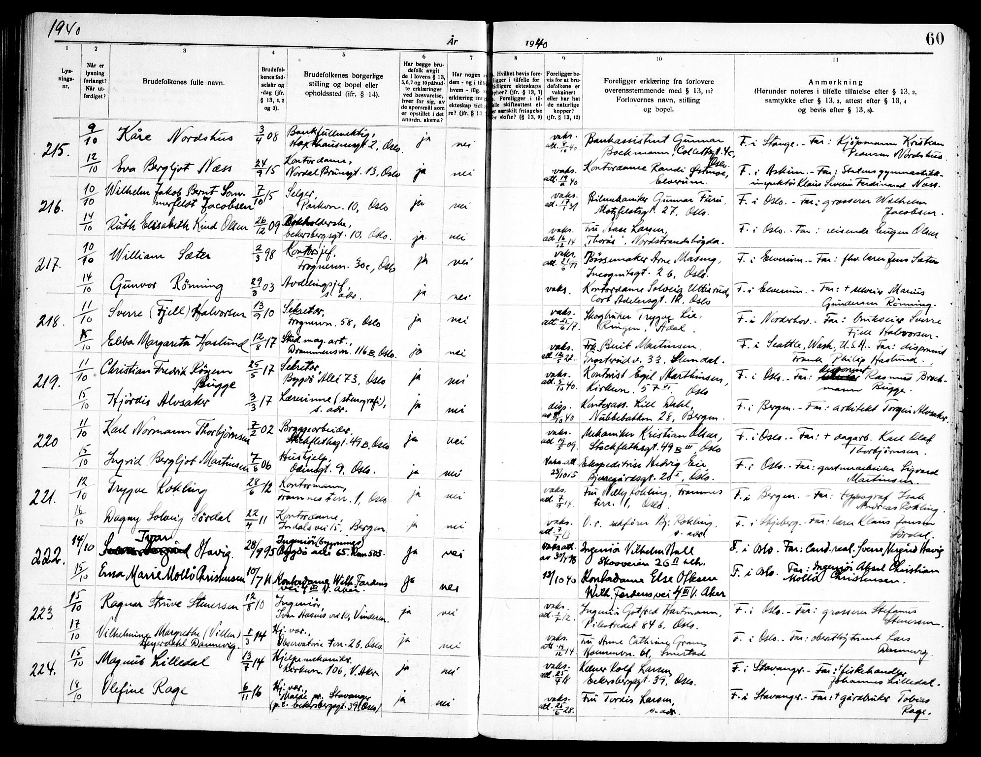 Frogner prestekontor Kirkebøker, SAO/A-10886/H/Ha/L0009: Banns register no. 9, 1938-1945, p. 60