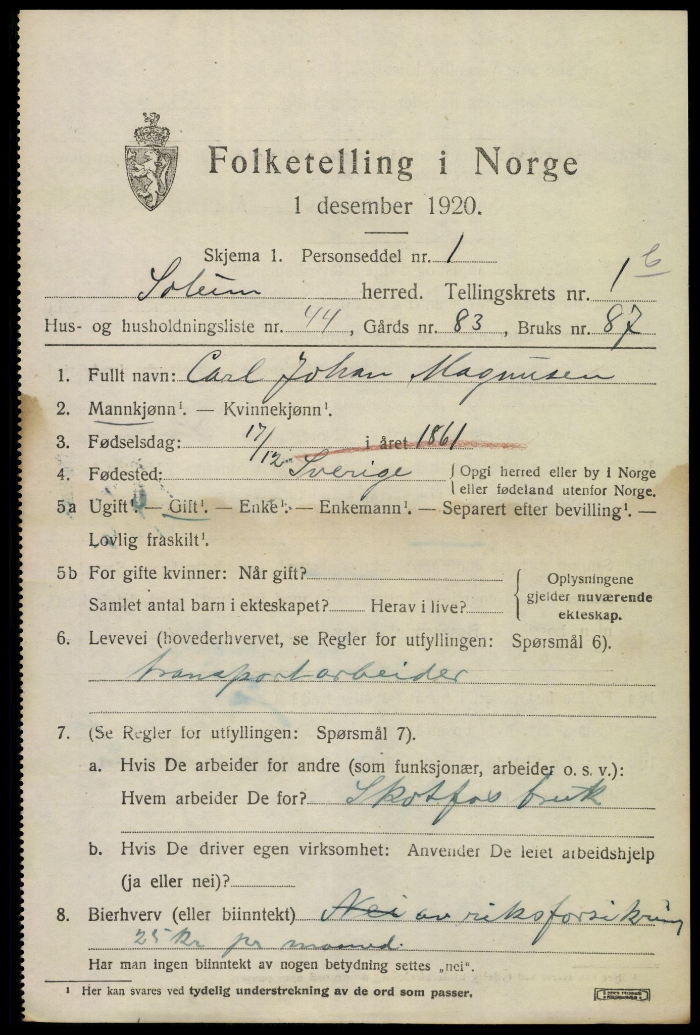 SAKO, 1920 census for Solum, 1920, p. 5104