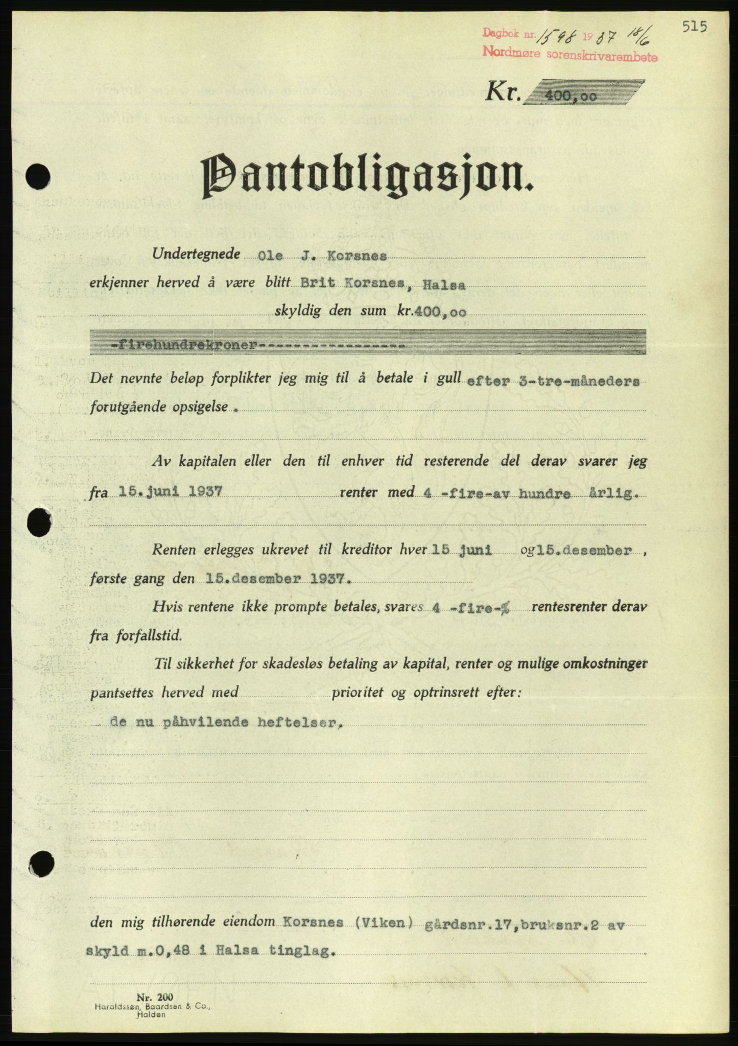 Nordmøre sorenskriveri, AV/SAT-A-4132/1/2/2Ca/L0091: Mortgage book no. B81, 1937-1937, Diary no: : 1598/1937