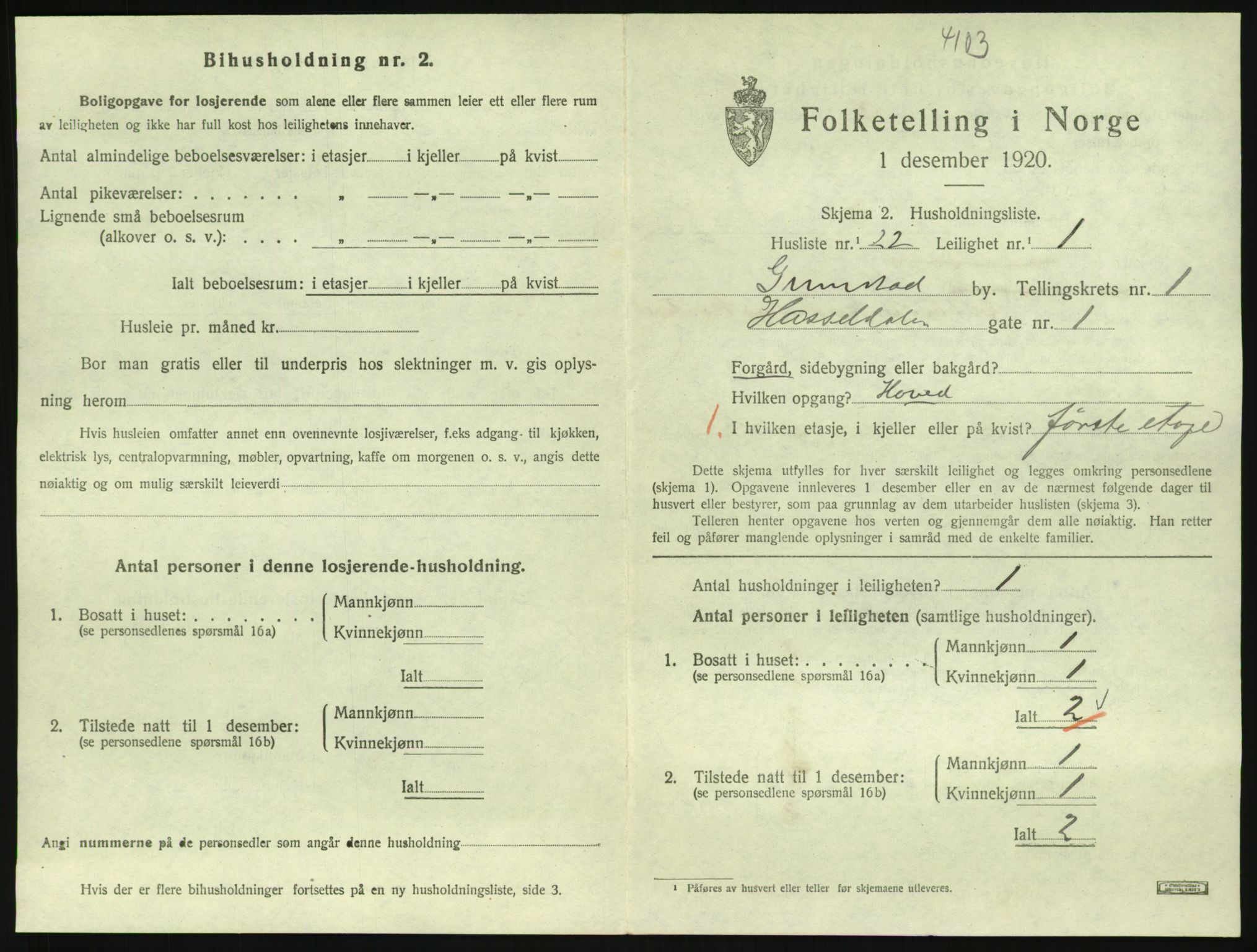 SAK, 1920 census for Grimstad, 1920, p. 1043