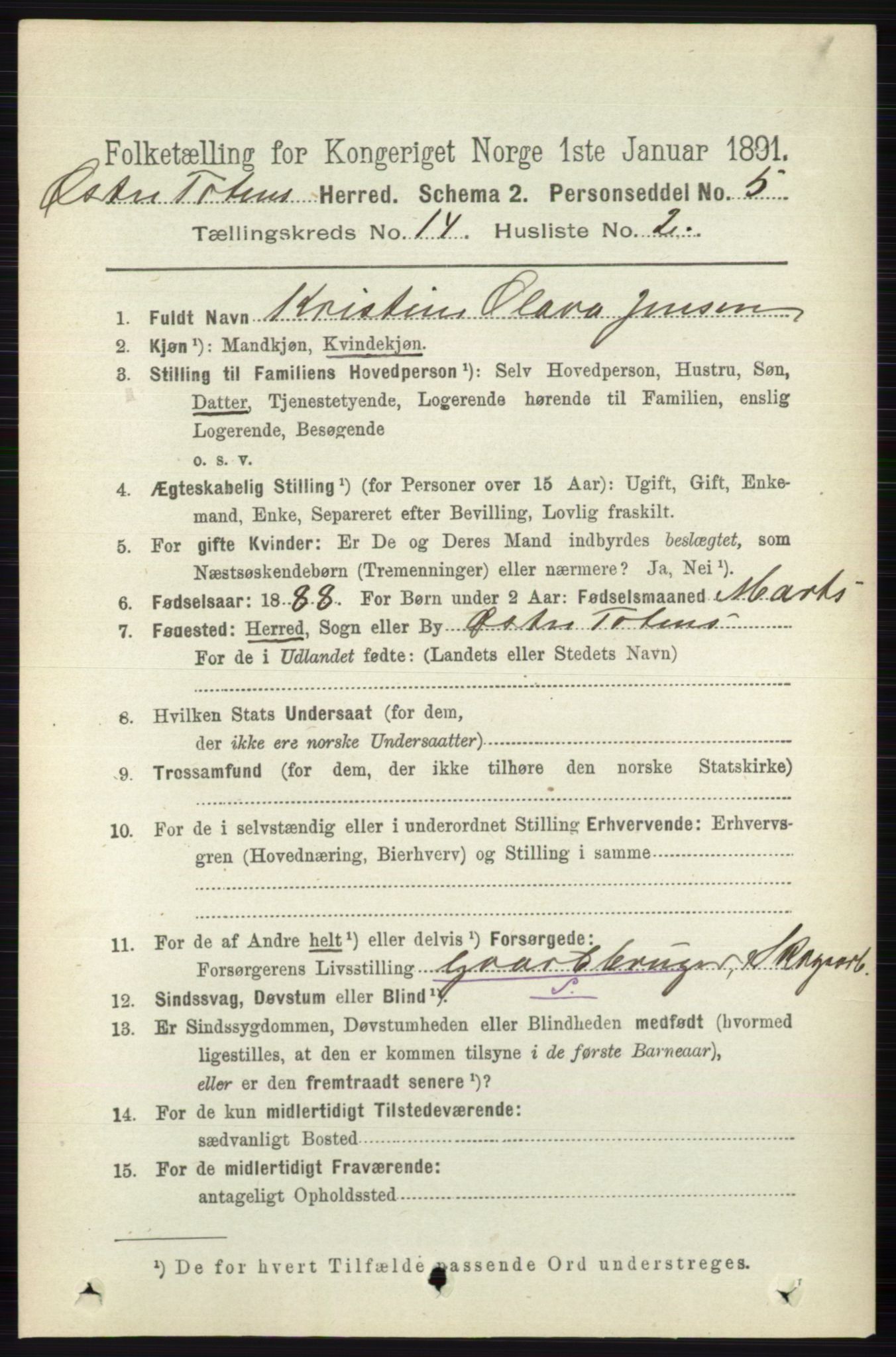 RA, 1891 census for 0528 Østre Toten, 1891, p. 9074