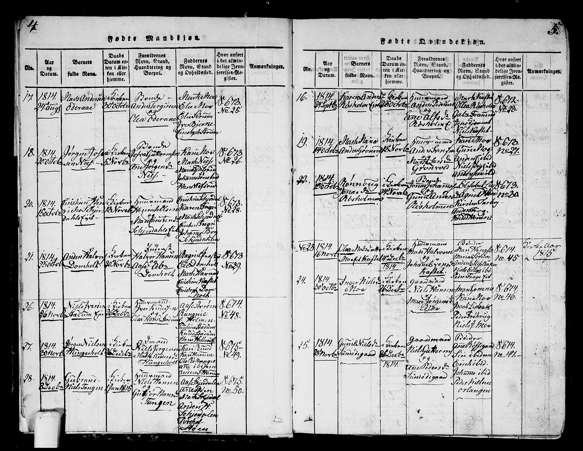 Hole kirkebøker, SAKO/A-228/G/Ga/L0001: Parish register (copy) no. I 1, 1814-1842, p. 4-5