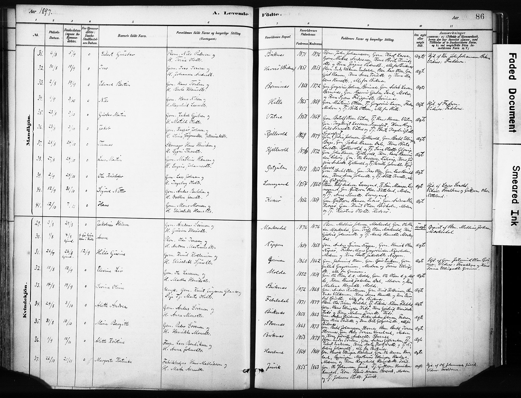 Gulen sokneprestembete, AV/SAB-A-80201/H/Haa/Haab/L0001: Parish register (official) no. B 1, 1881-1905, p. 86