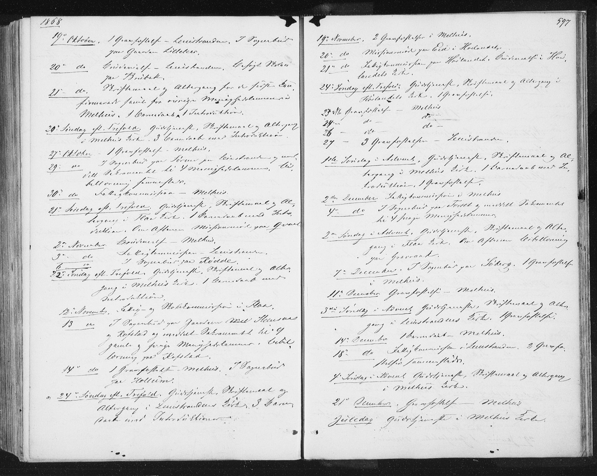 Ministerialprotokoller, klokkerbøker og fødselsregistre - Sør-Trøndelag, SAT/A-1456/691/L1077: Parish register (official) no. 691A09, 1862-1873, p. 597