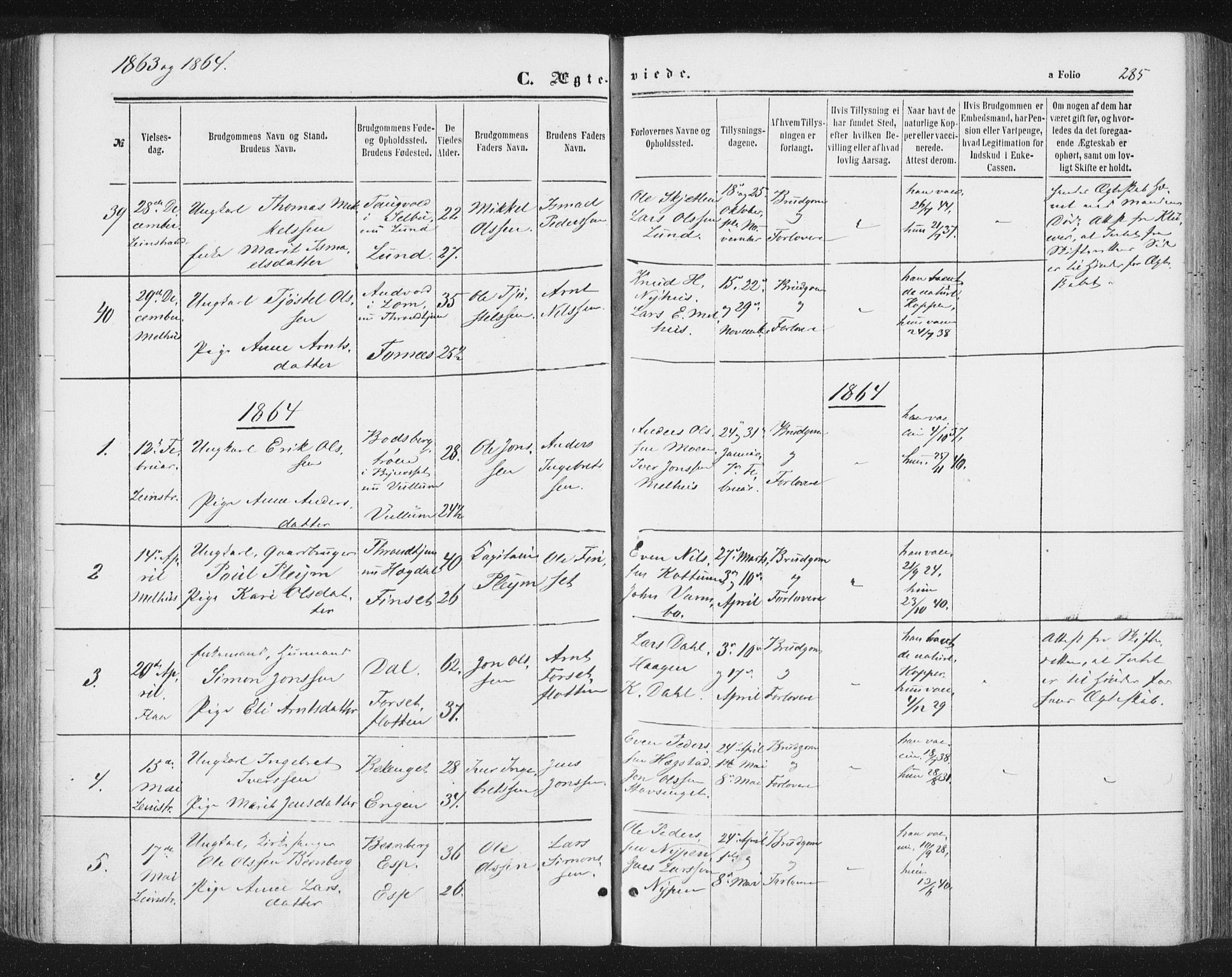 Ministerialprotokoller, klokkerbøker og fødselsregistre - Sør-Trøndelag, SAT/A-1456/691/L1077: Parish register (official) no. 691A09, 1862-1873, p. 285