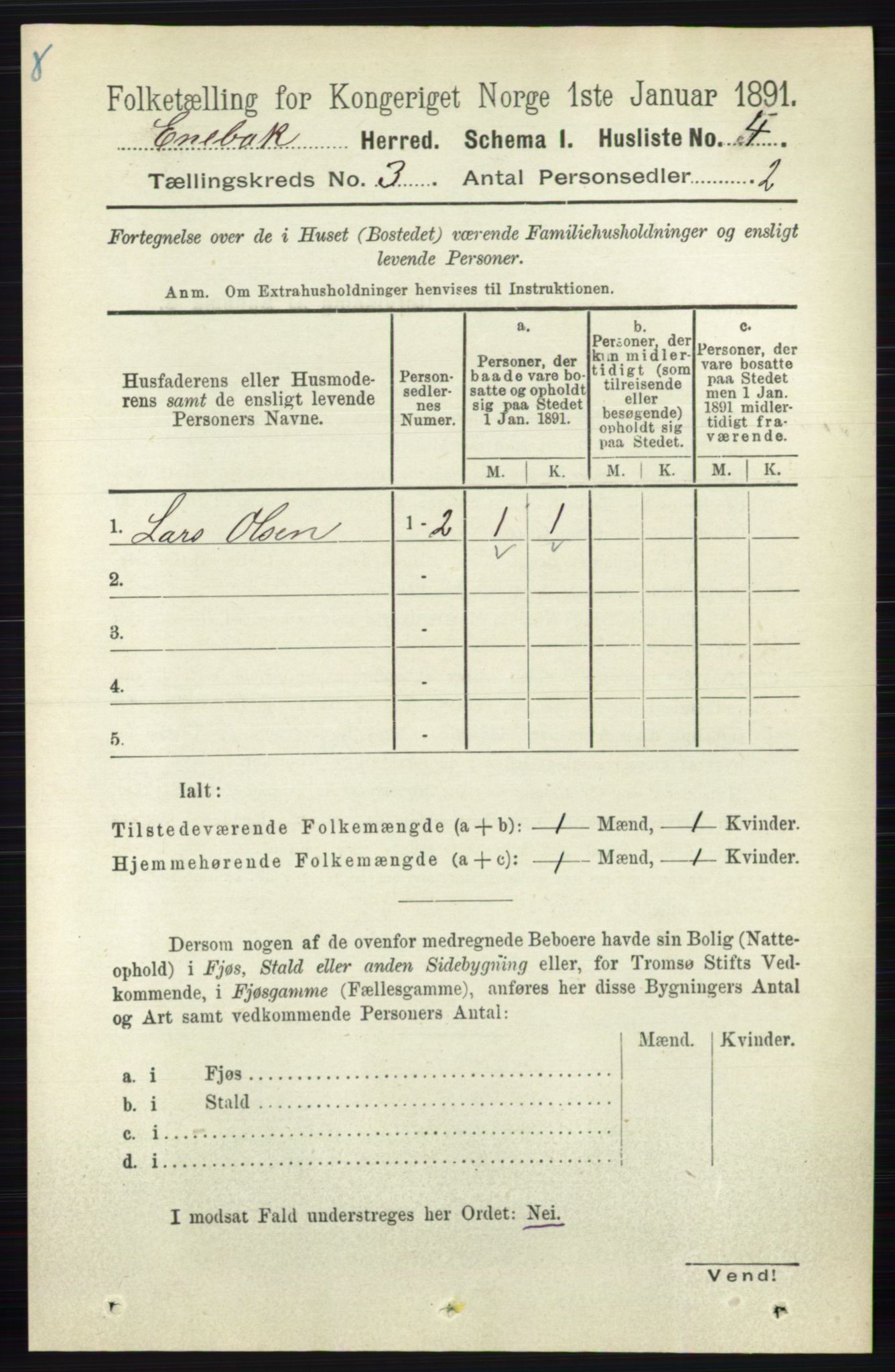 RA, 1891 census for 0229 Enebakk, 1891, p. 1075