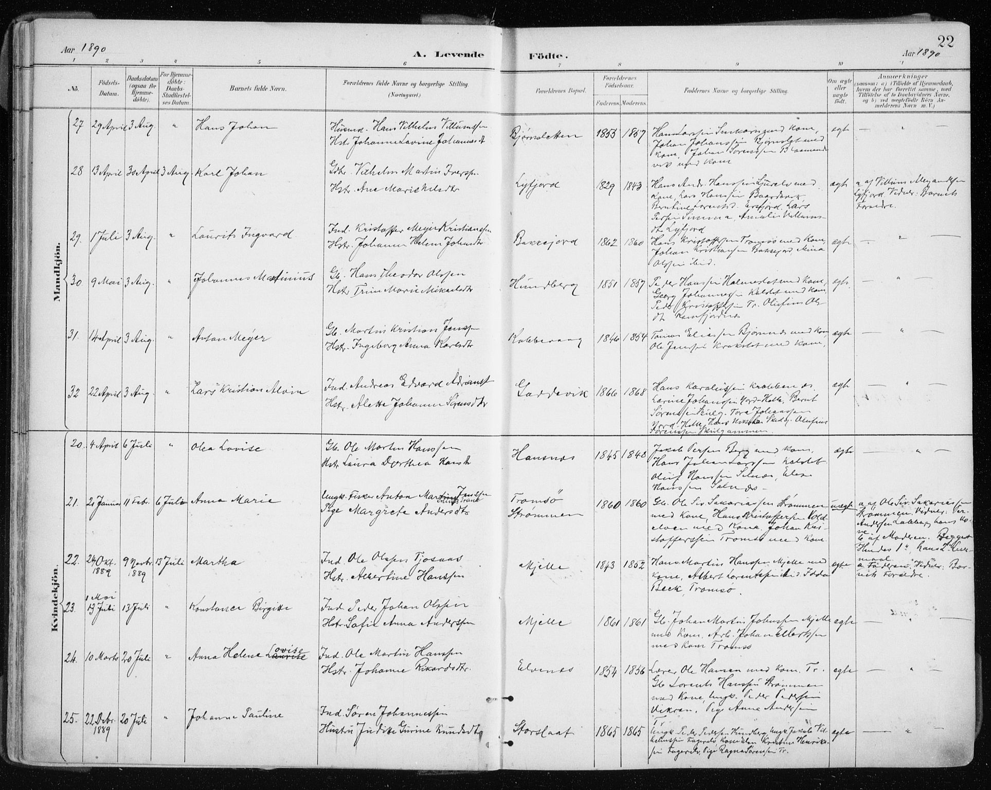 Tromsøysund sokneprestkontor, SATØ/S-1304/G/Ga/L0005kirke: Parish register (official) no. 5, 1888-1896, p. 22
