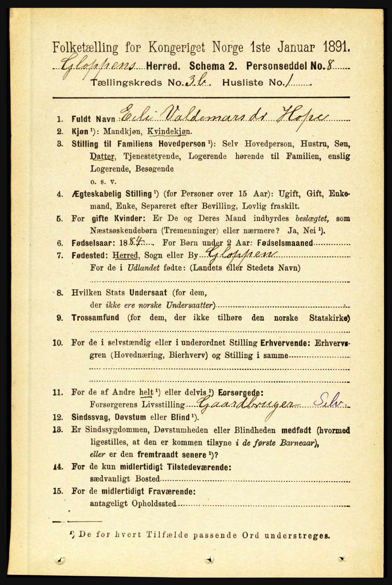 RA, 1891 census for 1445 Gloppen, 1891, p. 1454