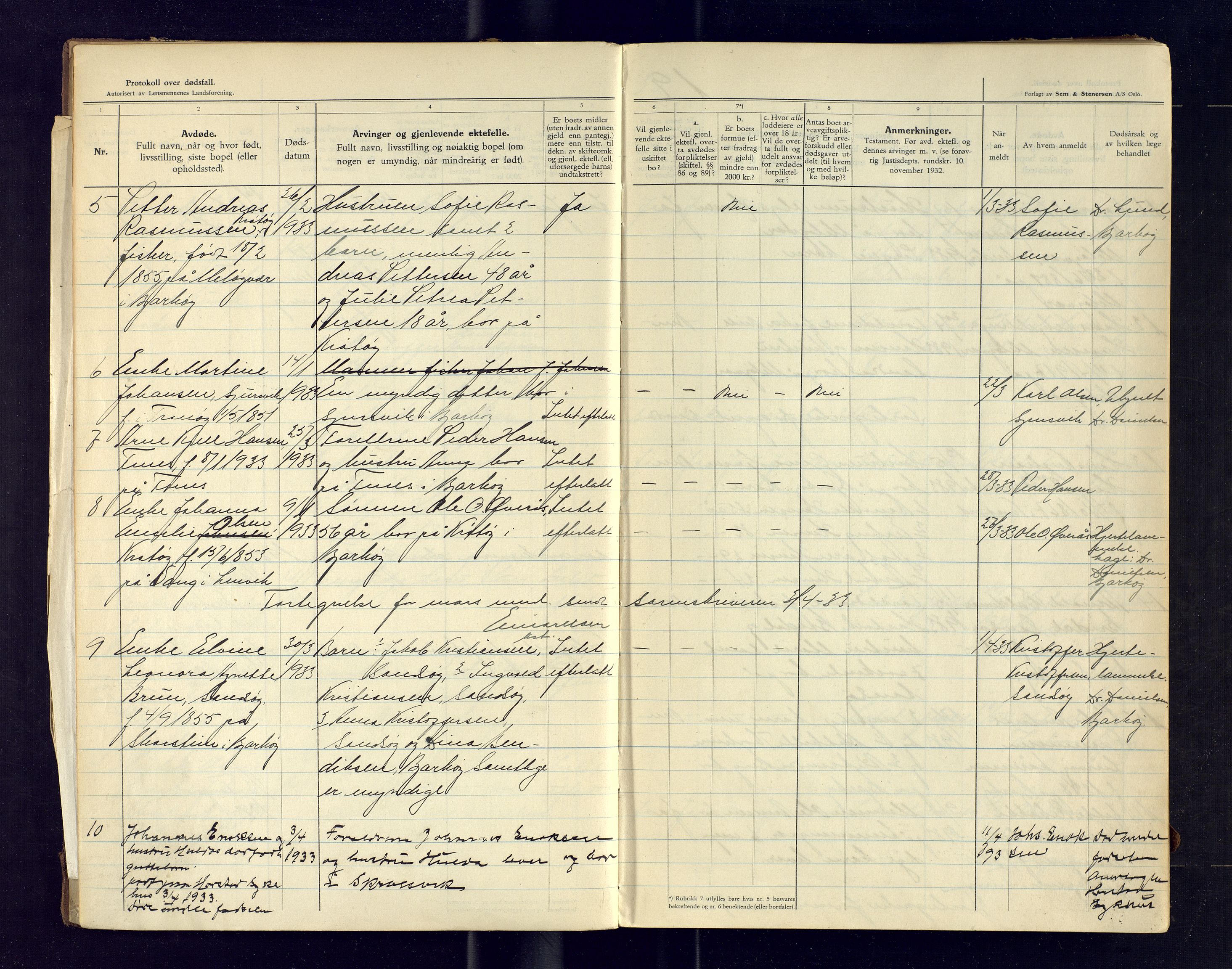 Bjarkøy lensmannskontor, SATØ/SATØ-61/F/Fj/Fja/L0112: Dødsfallsprotokoll, med register løst i boken, 1933-1949