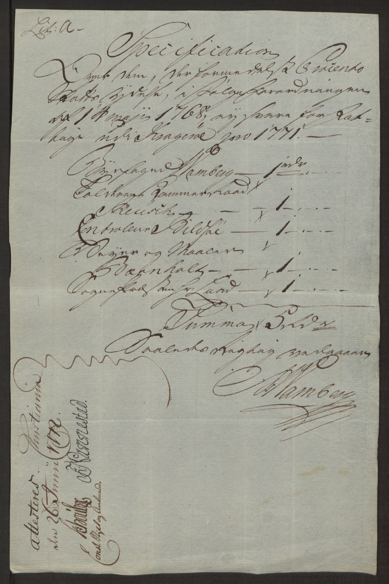 Rentekammeret inntil 1814, Reviderte regnskaper, Byregnskaper, AV/RA-EA-4066/R/Rk/L0218/0003: [K2] Kontribusjonsregnskap / Ekstra- og rangskatt, 1768-1772, p. 94