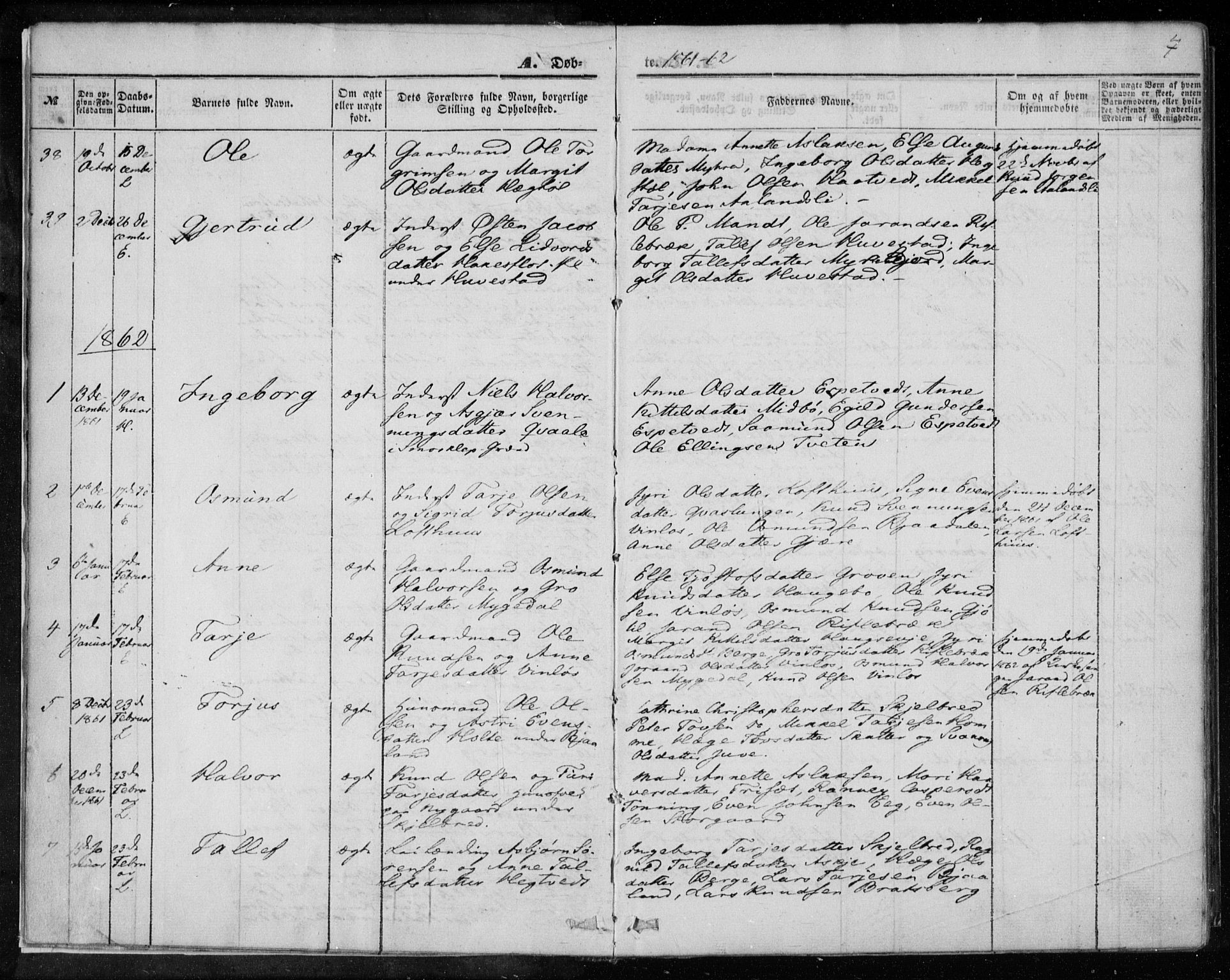 Lårdal kirkebøker, SAKO/A-284/F/Fa/L0006: Parish register (official) no. I 6, 1861-1886, p. 7
