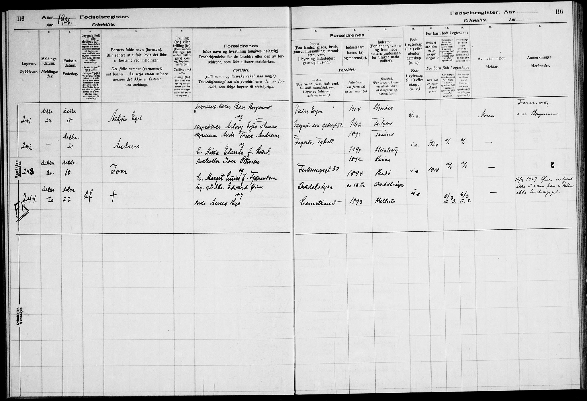 Ministerialprotokoller, klokkerbøker og fødselsregistre - Sør-Trøndelag, SAT/A-1456/600/L0004: Birth register no. 600.II.4.3, 1924-1928, p. 116