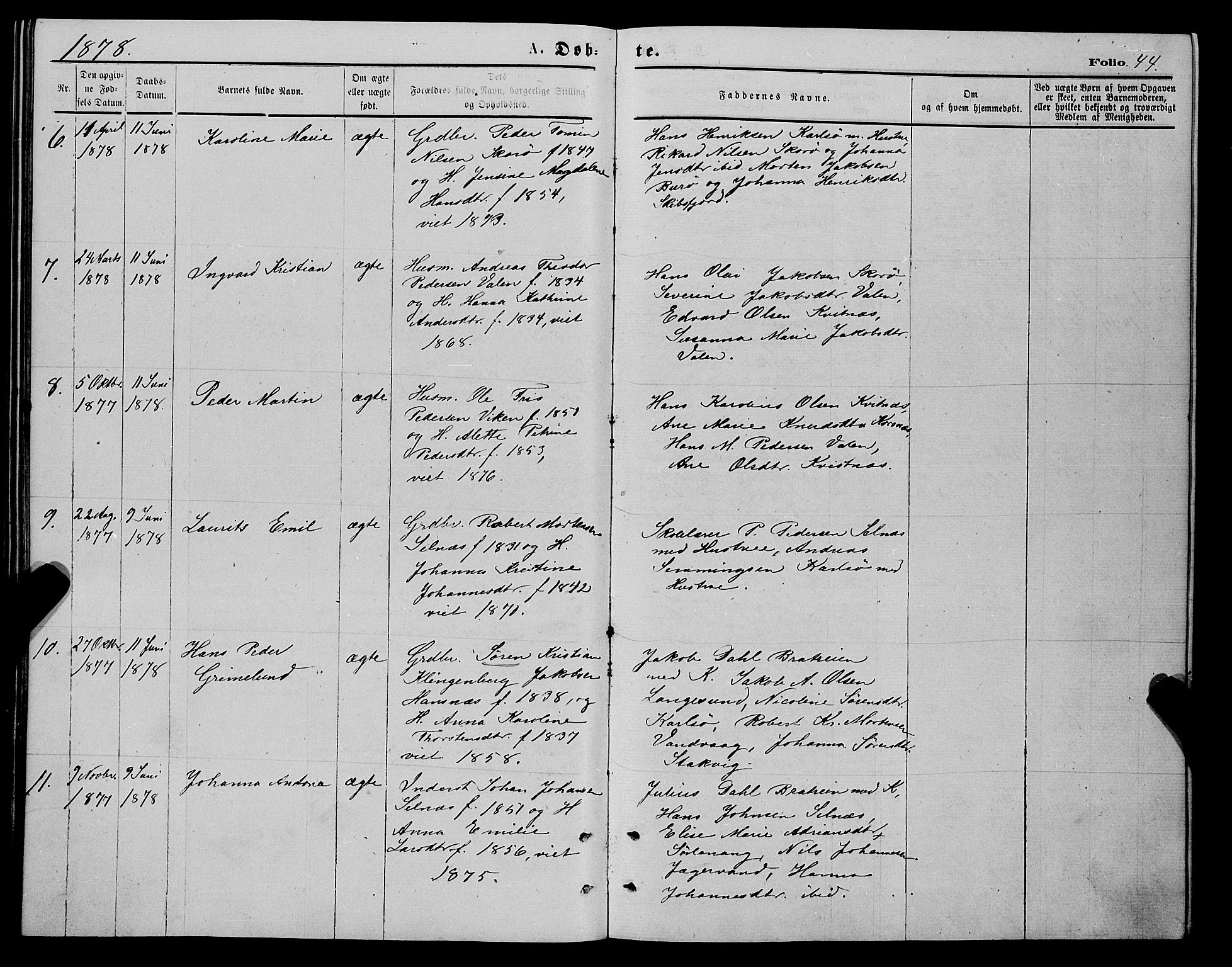 Karlsøy sokneprestembete, SATØ/S-1299/H/Ha/Haa/L0005kirke: Parish register (official) no. 5, 1872-1878, p. 44